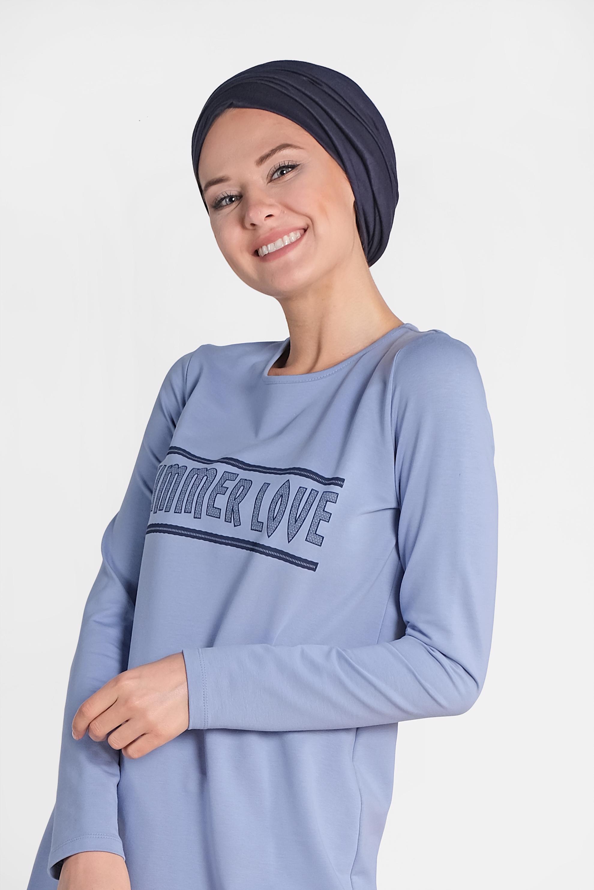 Tesettür giyim MAVİ YAZI BASKILI EŞOFMAN TUNİK 4075 