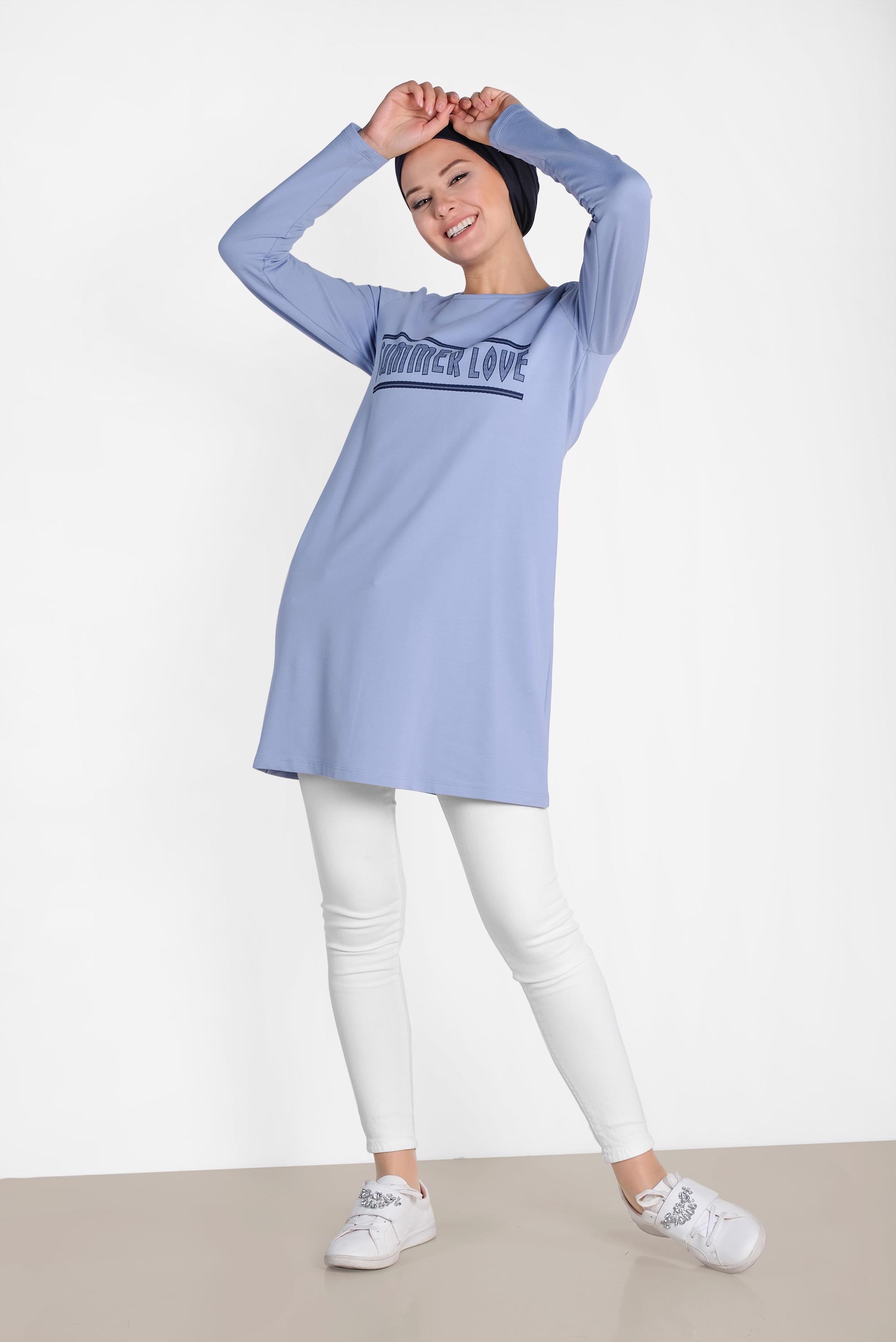 Tesettür giyim MAVİ YAZI BASKILI EŞOFMAN TUNİK 4075 