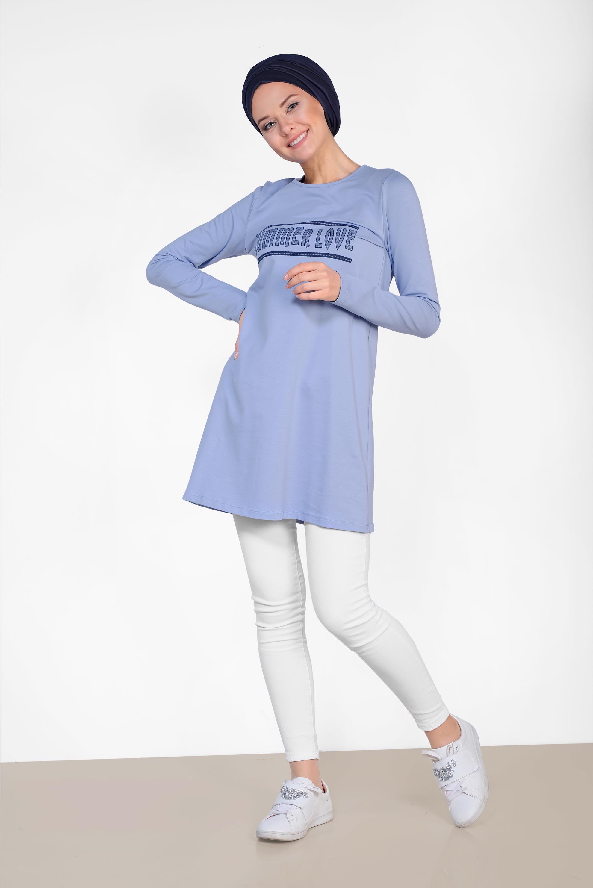 Tesettür giyim MAVİ YAZI BASKILI EŞOFMAN TUNİK 4075 