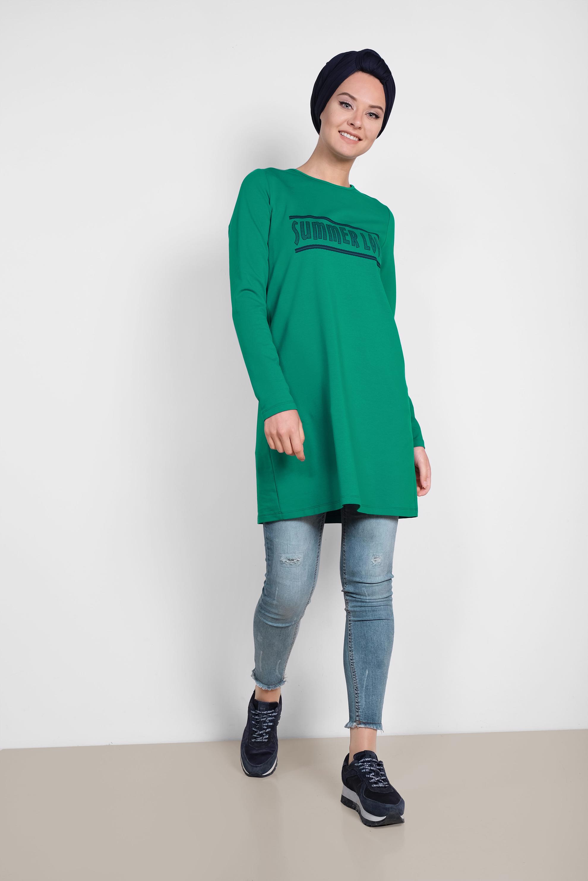 Tesettür giyim YEŞİL YAZI BASKILI EŞOFMAN TUNİK 4075 