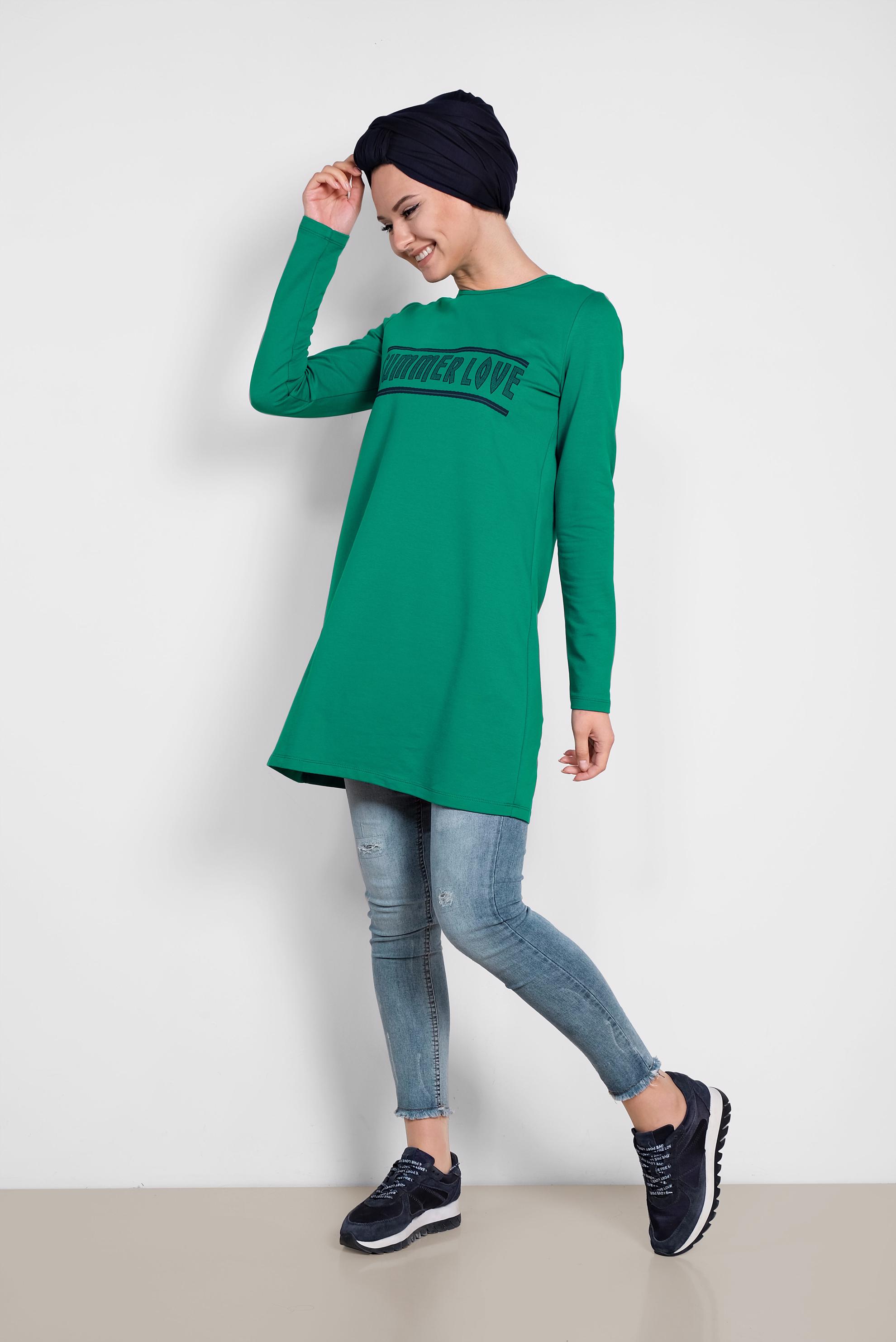 Tesettür giyim YEŞİL YAZI BASKILI EŞOFMAN TUNİK 4075 