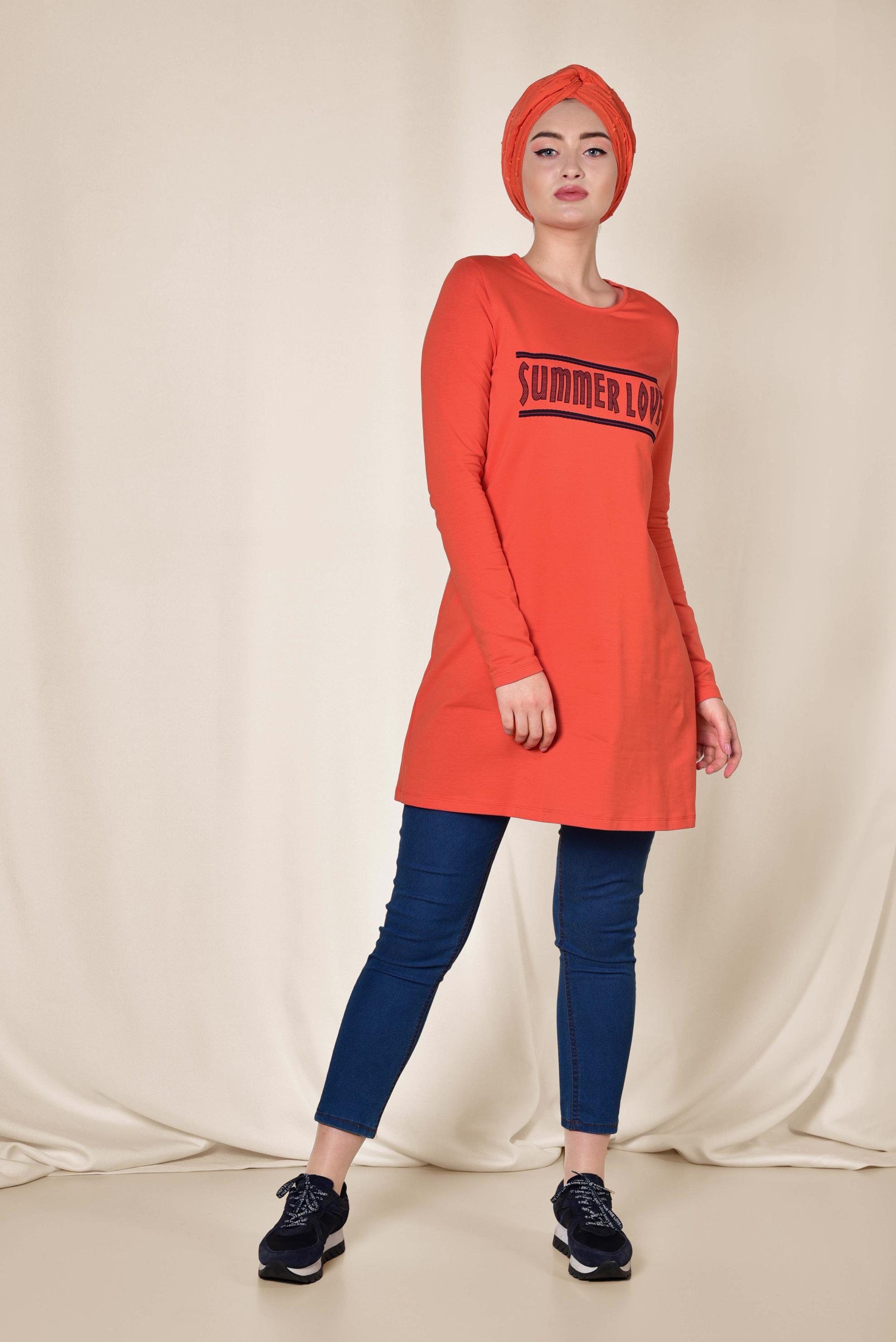 Tesettür giyim TURUNCU YAZI BASKILI EŞOFMAN TUNİK 4075 