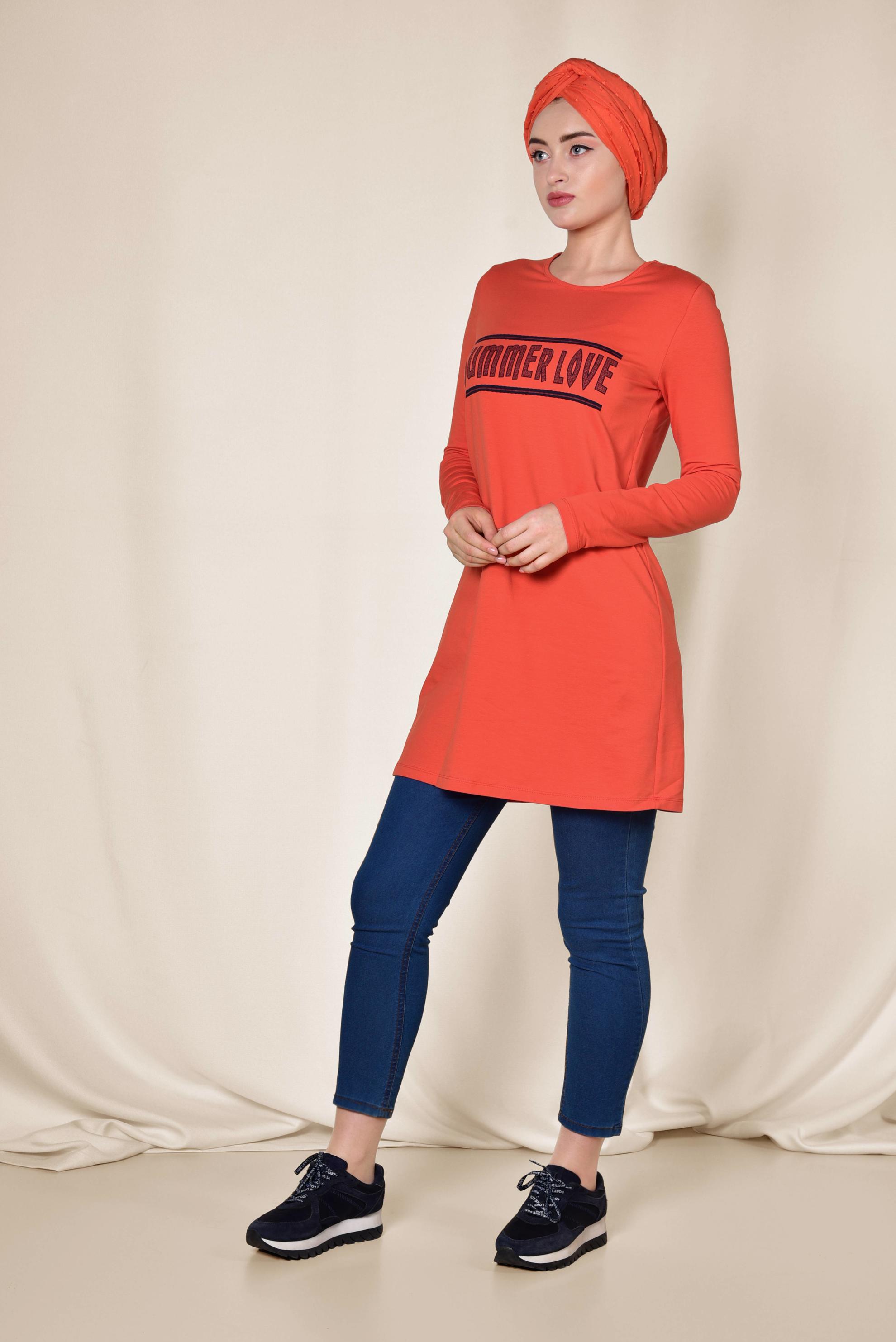 Tesettür giyim TURUNCU YAZI BASKILI EŞOFMAN TUNİK 4075 