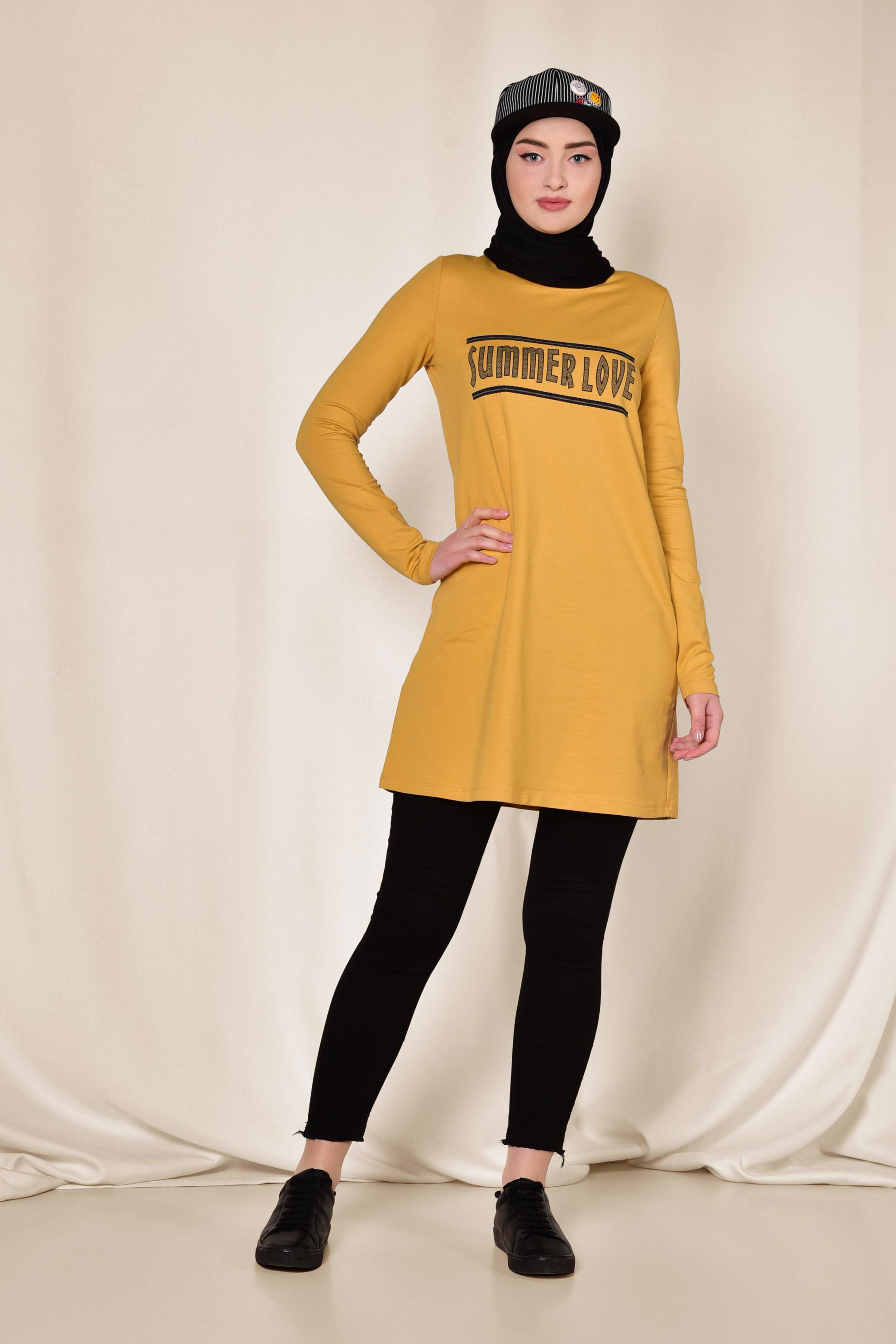 Tesettür giyim SARI YAZI BASKILI EŞOFMAN TUNİK 4075 