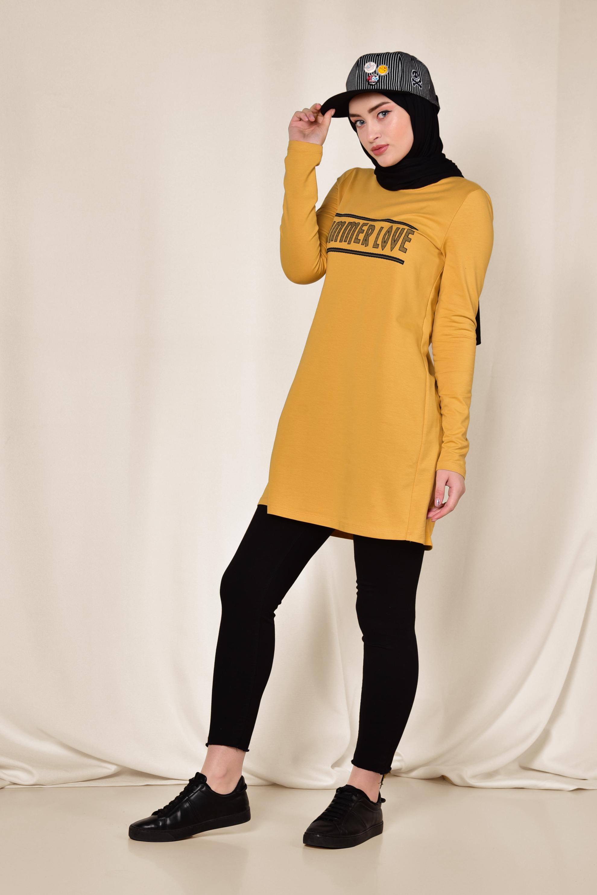 Tesettür giyim SARI YAZI BASKILI EŞOFMAN TUNİK 4075 