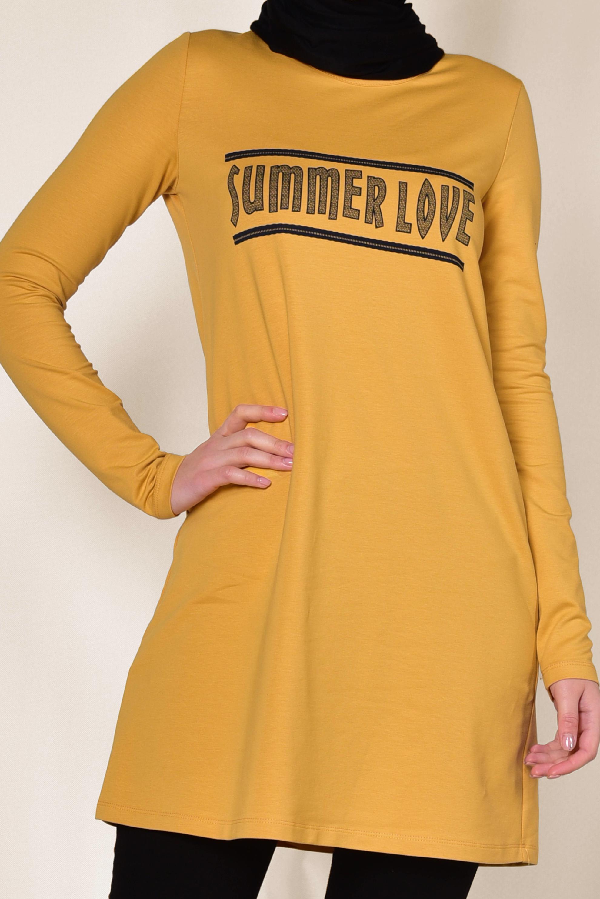 Tesettür giyim SARI YAZI BASKILI EŞOFMAN TUNİK 4075 