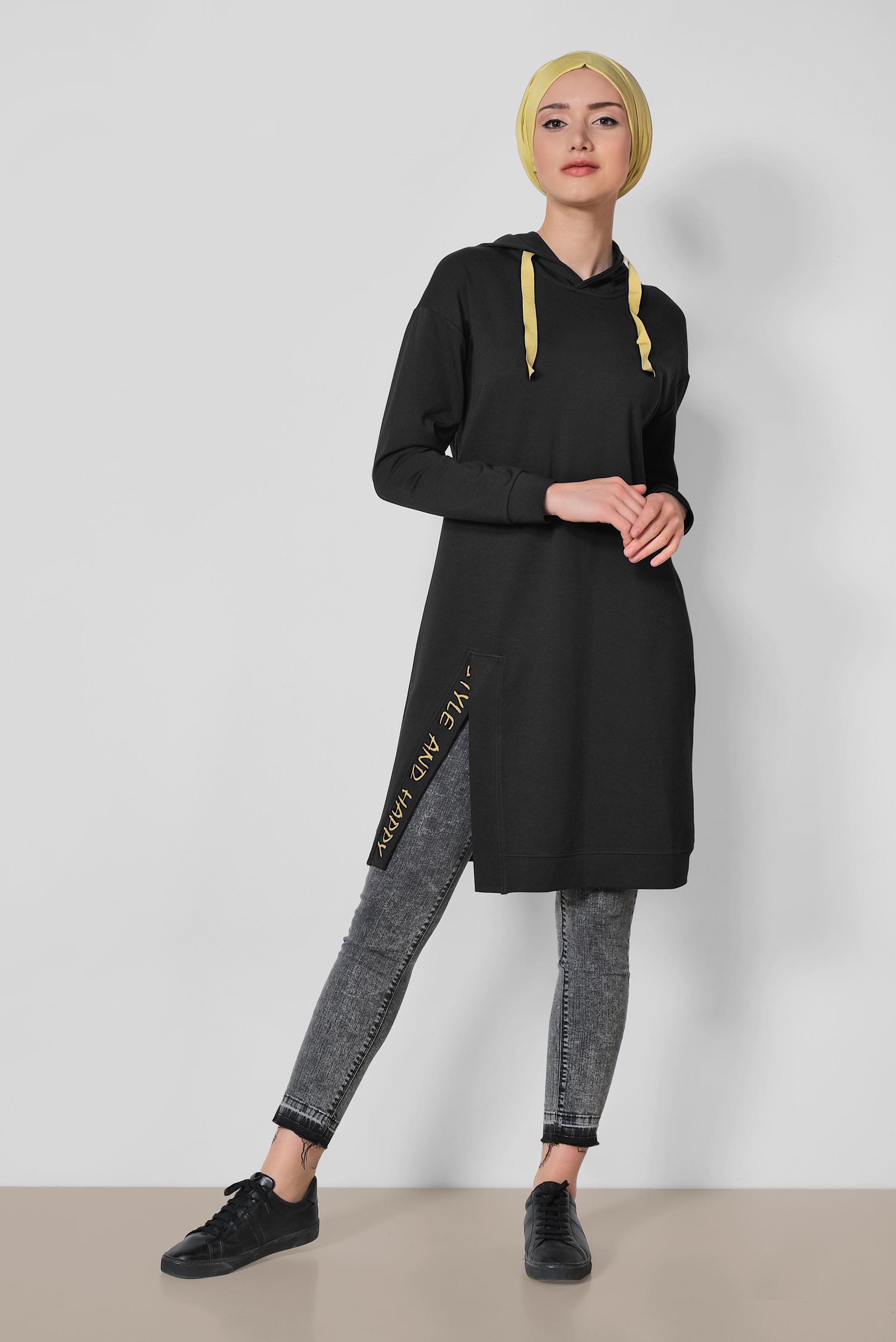 Tesettür giyim SİYAH PAMUKLU KAPÜŞONLU EŞOFMAN TUNİK 4141