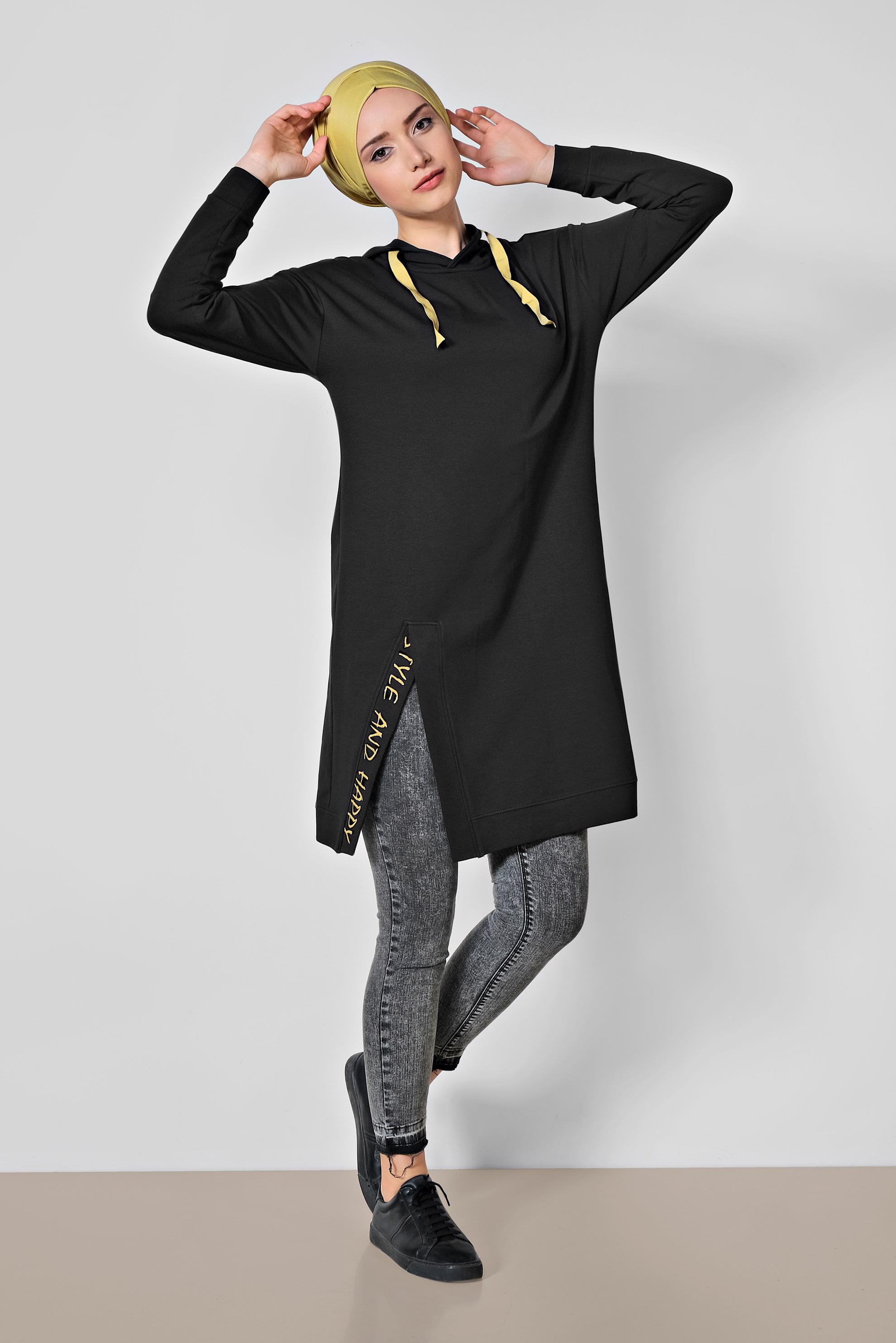 Tesettür giyim SİYAH PAMUKLU KAPÜŞONLU EŞOFMAN TUNİK 4141
