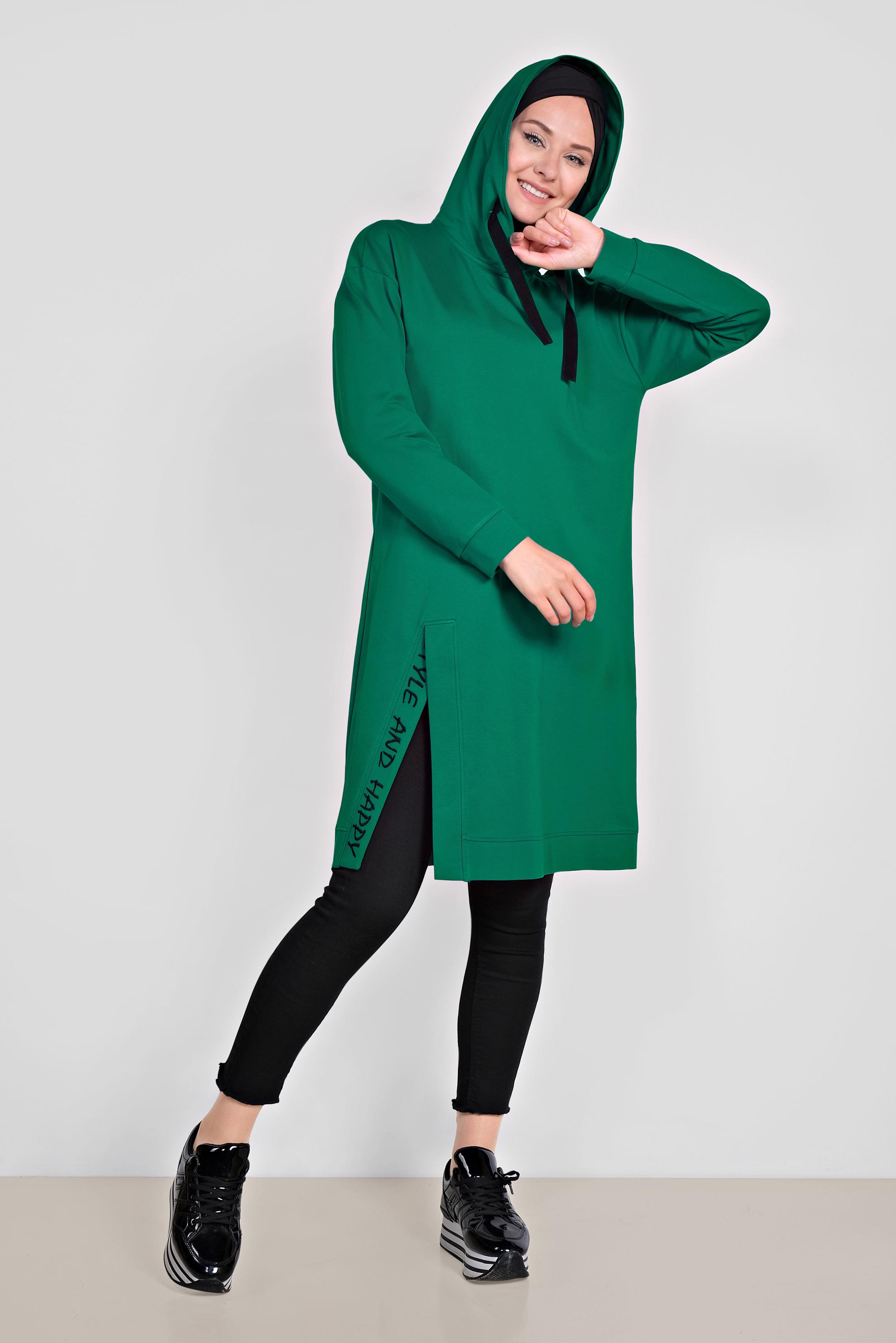 Tesettür giyim YEŞİL PAMUKLU KAPÜŞONLU EŞOFMAN TUNİK 4141