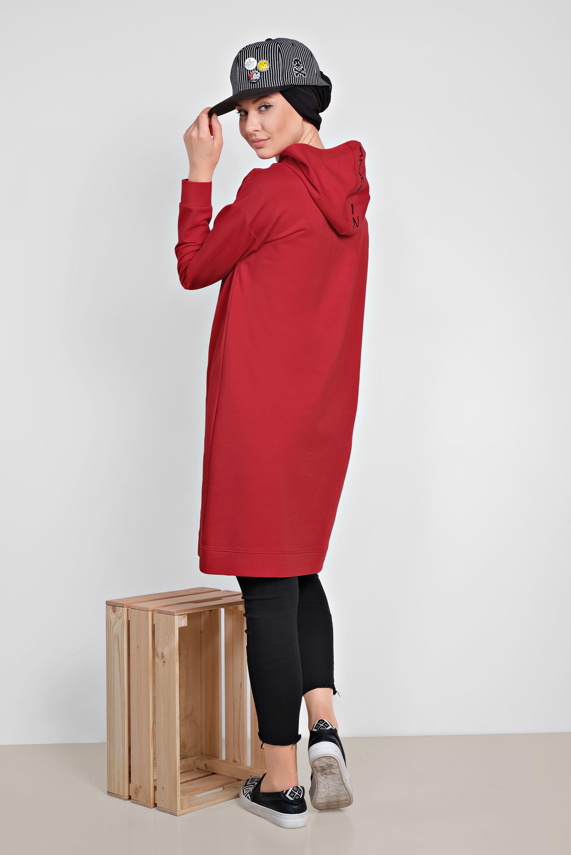 Tesettür giyim KIRMIZI PAMUKLU KAPÜŞONLU EŞOFMAN TUNİK 4141
