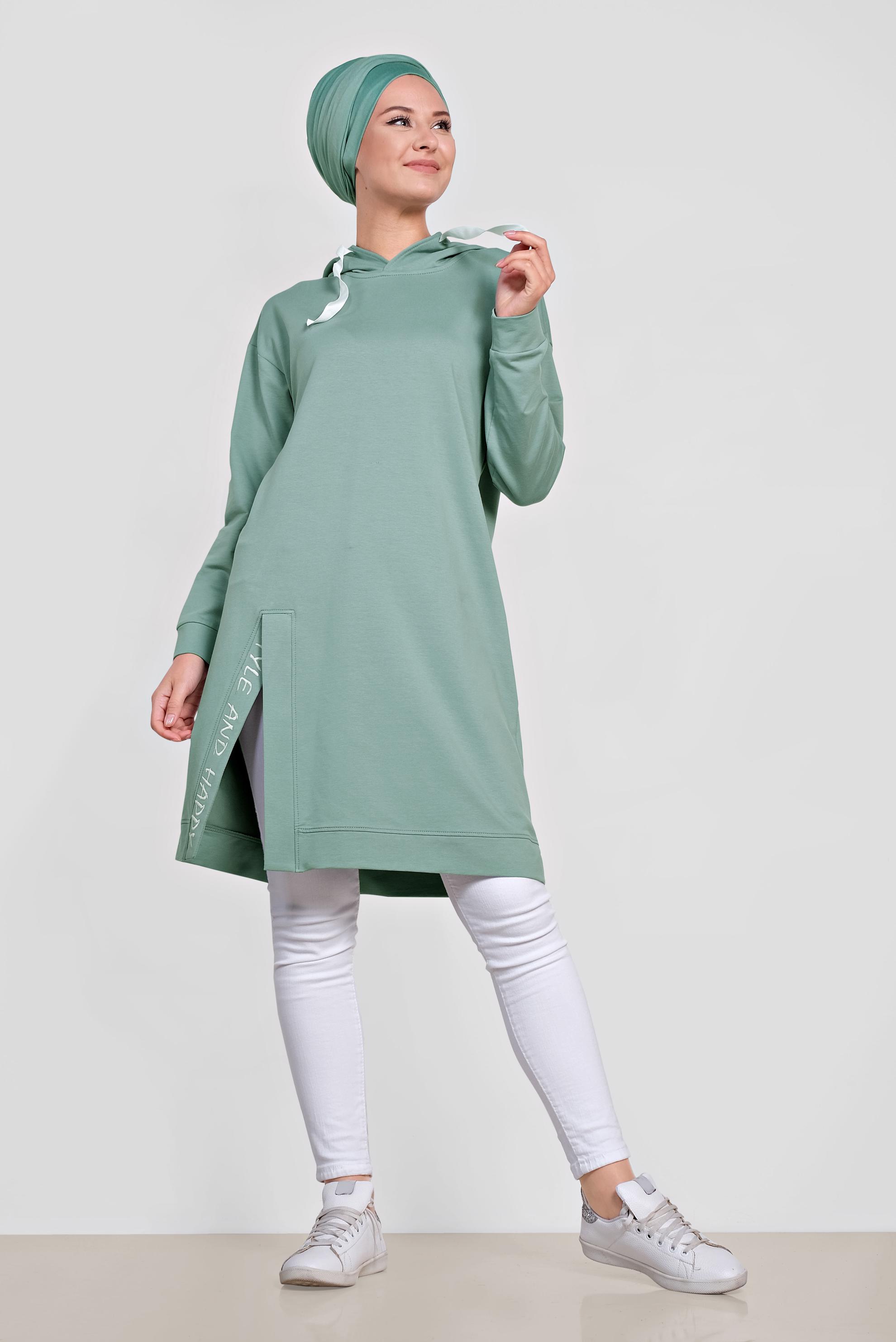 Tesettür giyim YEŞİL PAMUKLU KAPÜŞONLU EŞOFMAN TUNİK 4141