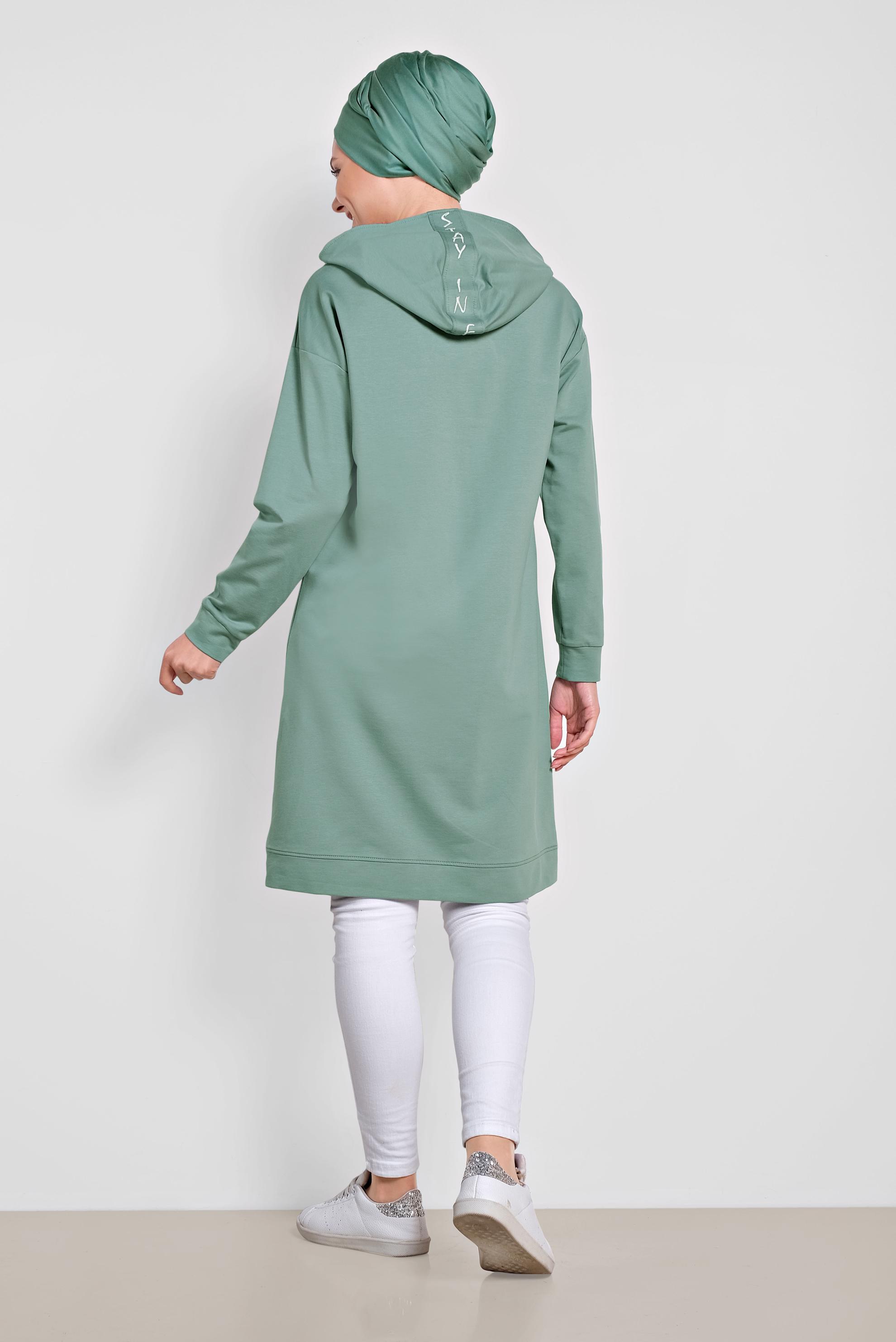 Tesettür giyim YEŞİL PAMUKLU KAPÜŞONLU EŞOFMAN TUNİK 4141