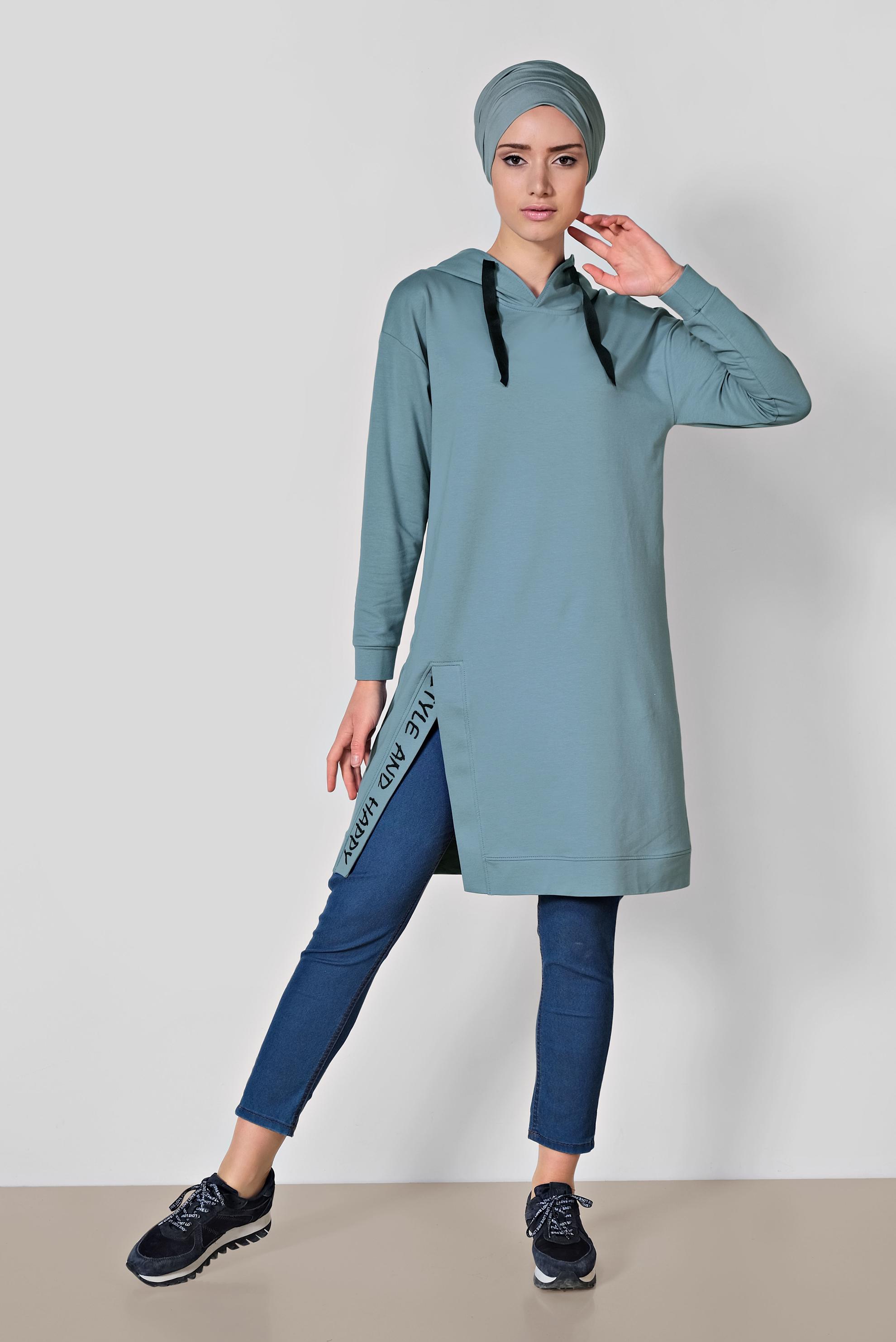 Tesettür giyim MAVİ PAMUKLU KAPÜŞONLU EŞOFMAN TUNİK 4141