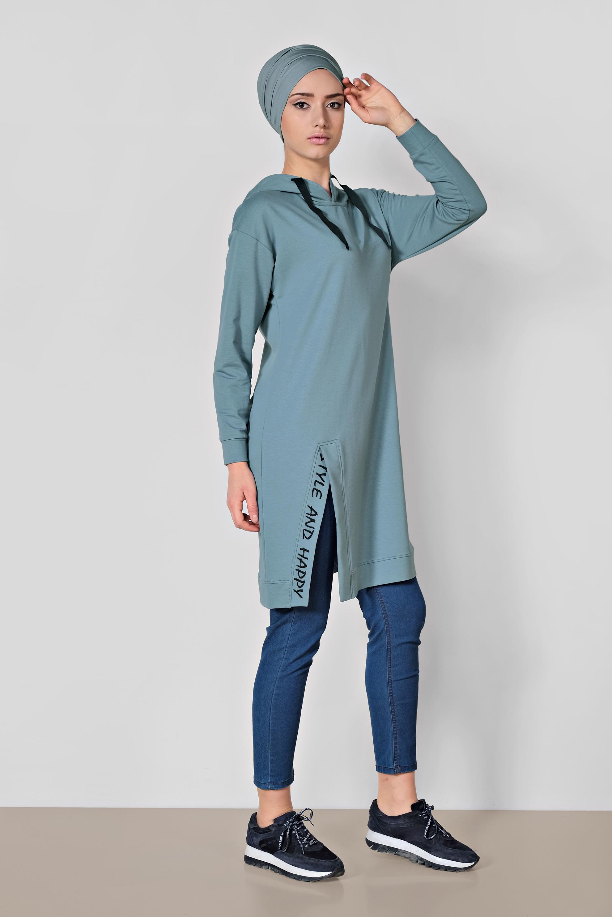 Tesettür giyim MAVİ PAMUKLU KAPÜŞONLU EŞOFMAN TUNİK 4141