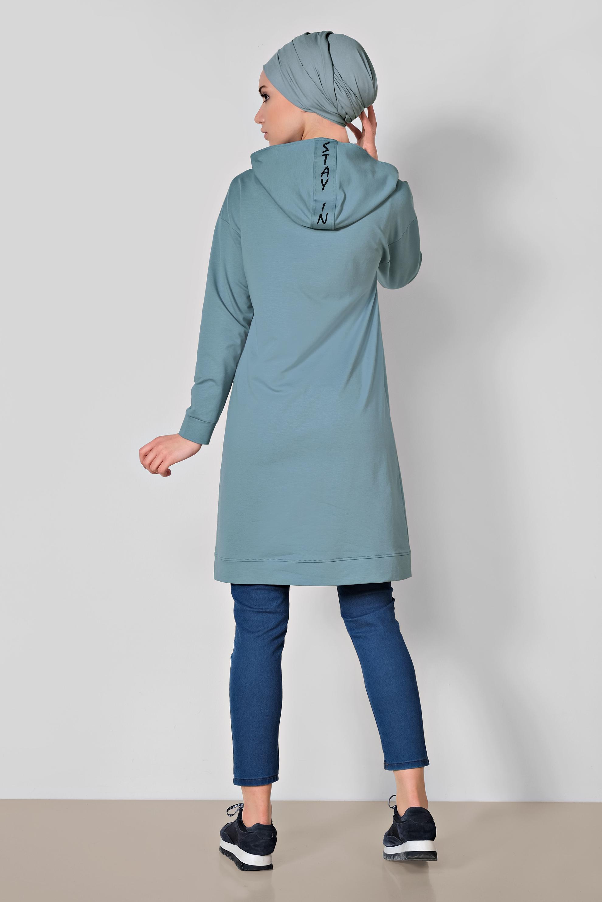 Tesettür giyim MAVİ PAMUKLU KAPÜŞONLU EŞOFMAN TUNİK 4141