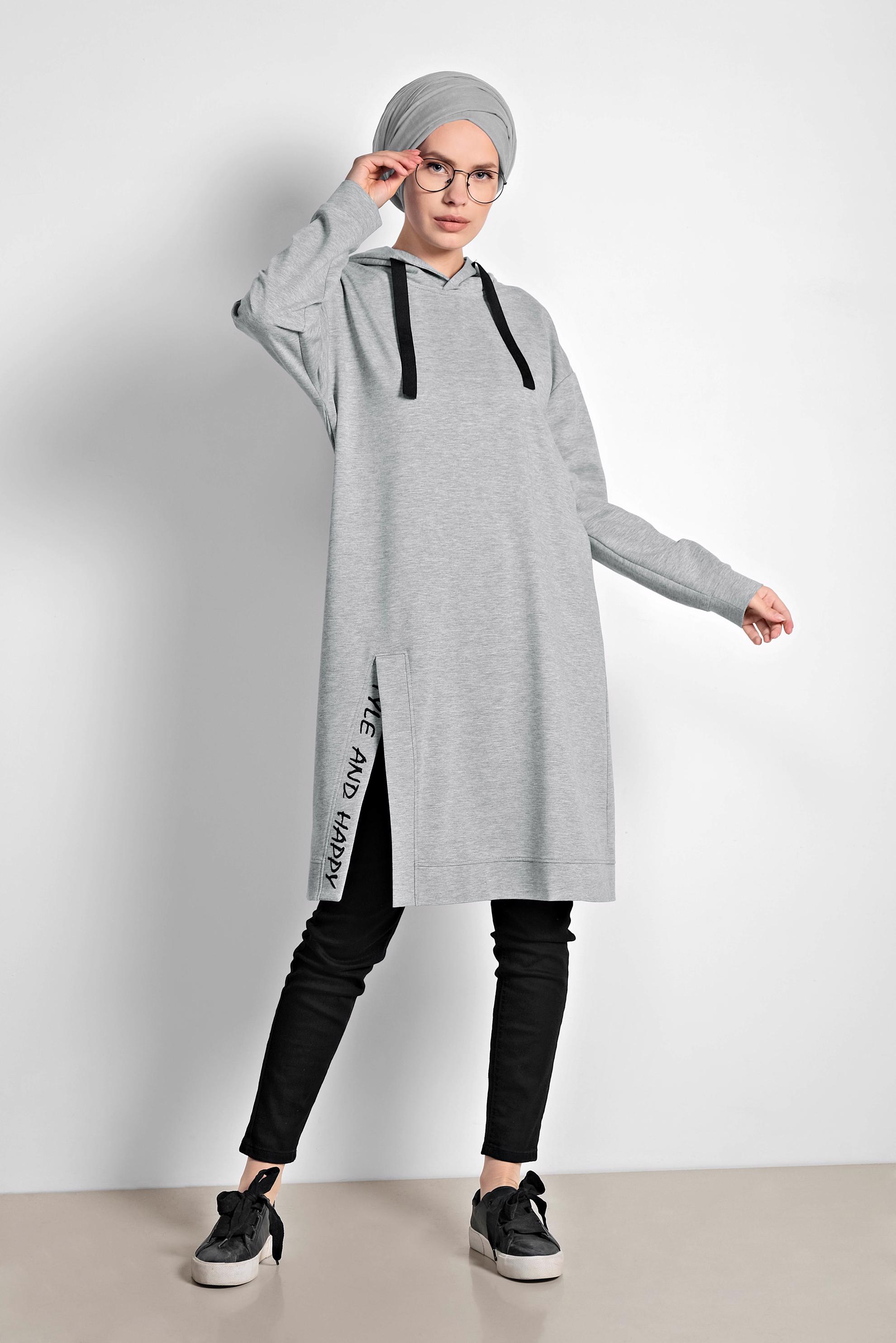 Tesettür giyim GRİ PAMUKLU KAPÜŞONLU EŞOFMAN TUNİK 4141