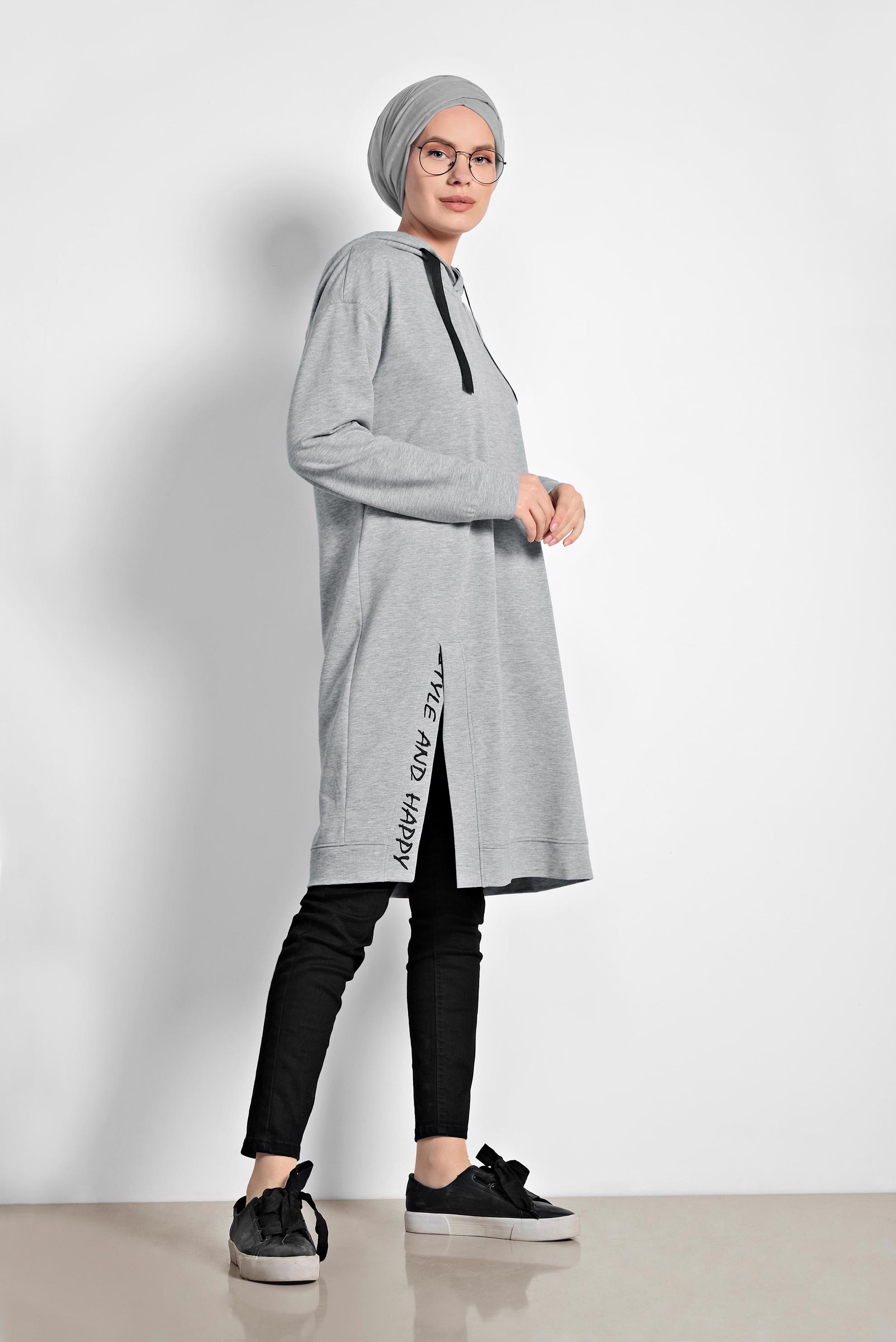 Tesettür giyim GRİ PAMUKLU KAPÜŞONLU EŞOFMAN TUNİK 4141