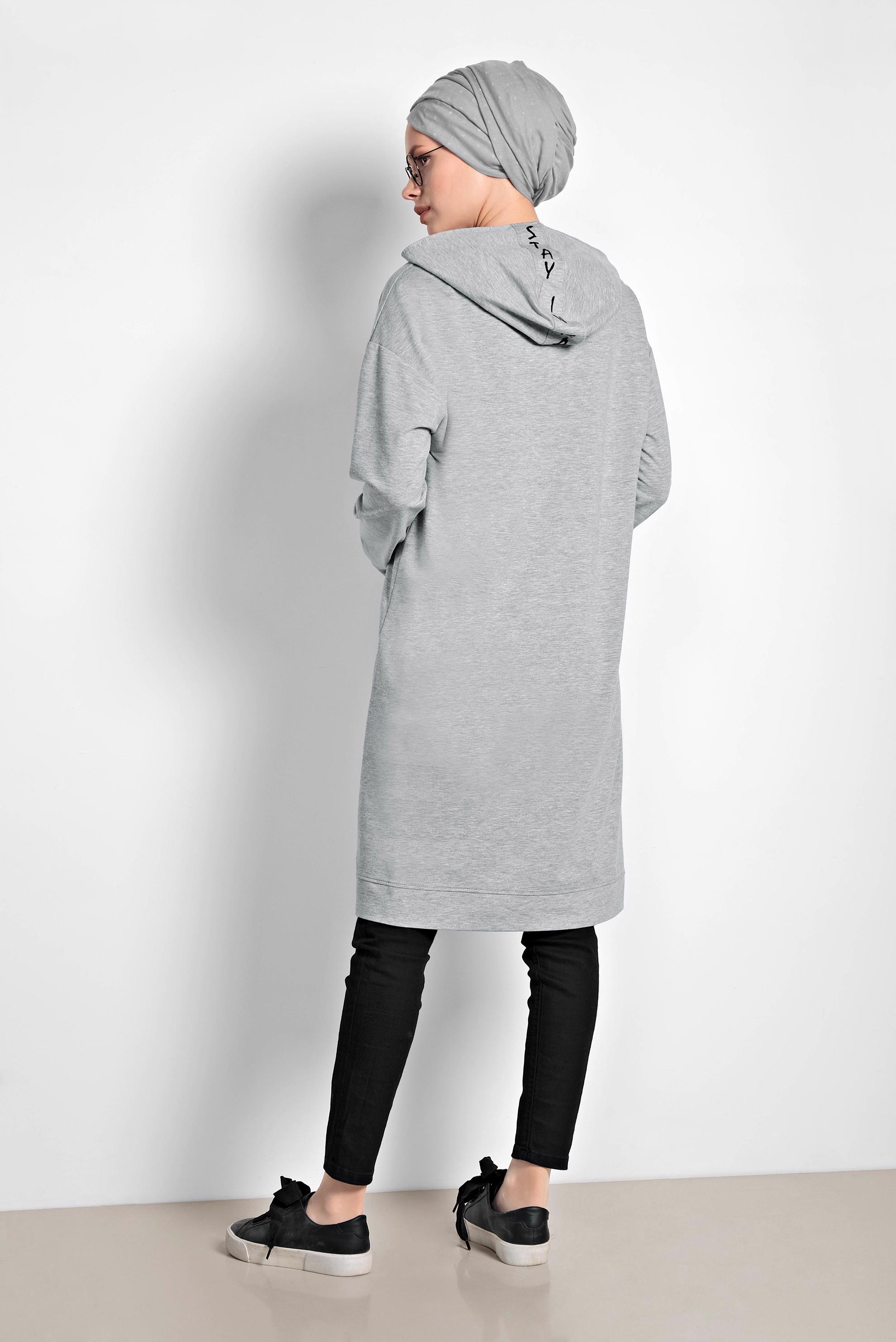 Tesettür giyim GRİ PAMUKLU KAPÜŞONLU EŞOFMAN TUNİK 4141