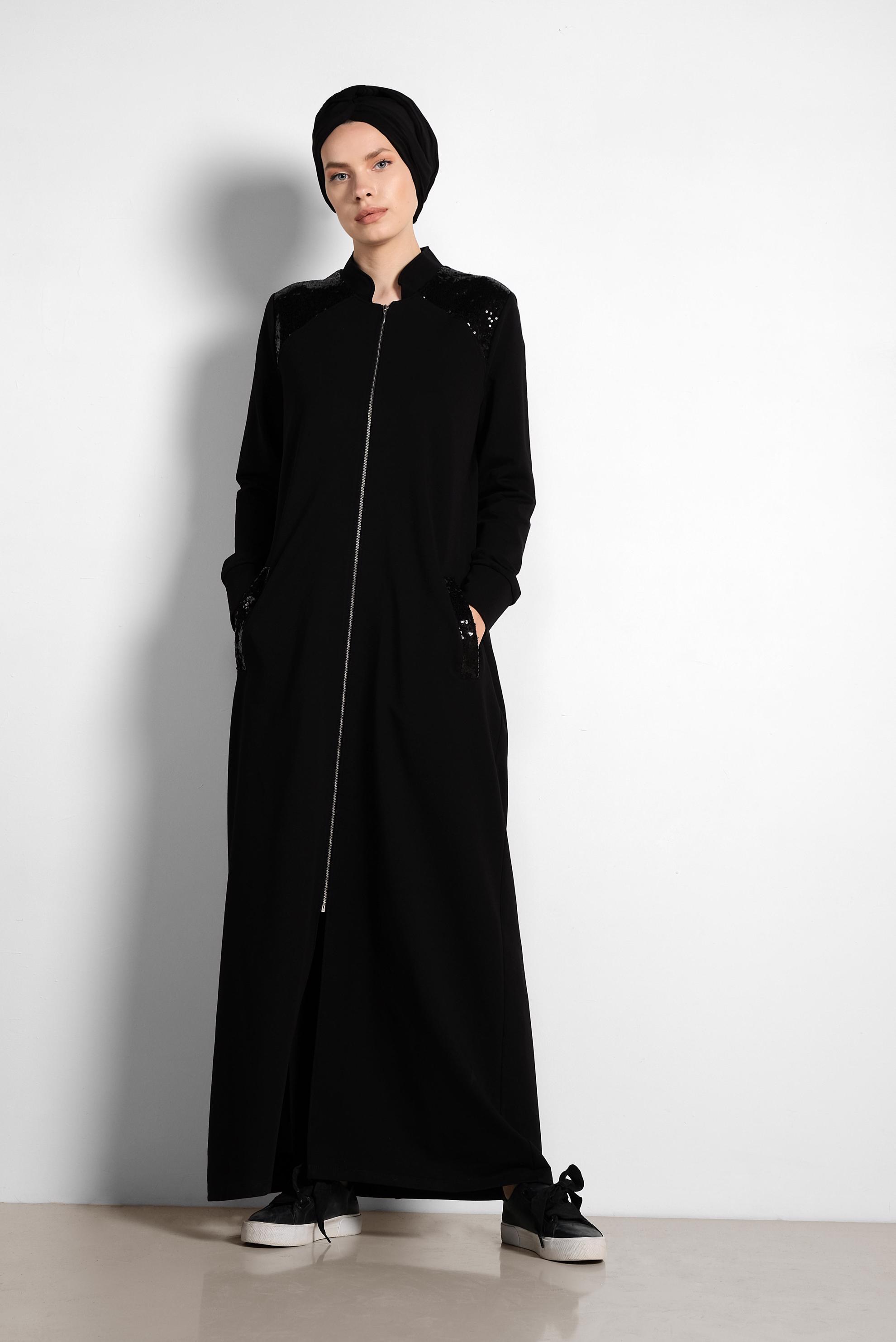 Tesettür giyim SİYAH PUL PAYET DETAYLI PAMUKLU EŞOFMAN TUNİK 4203