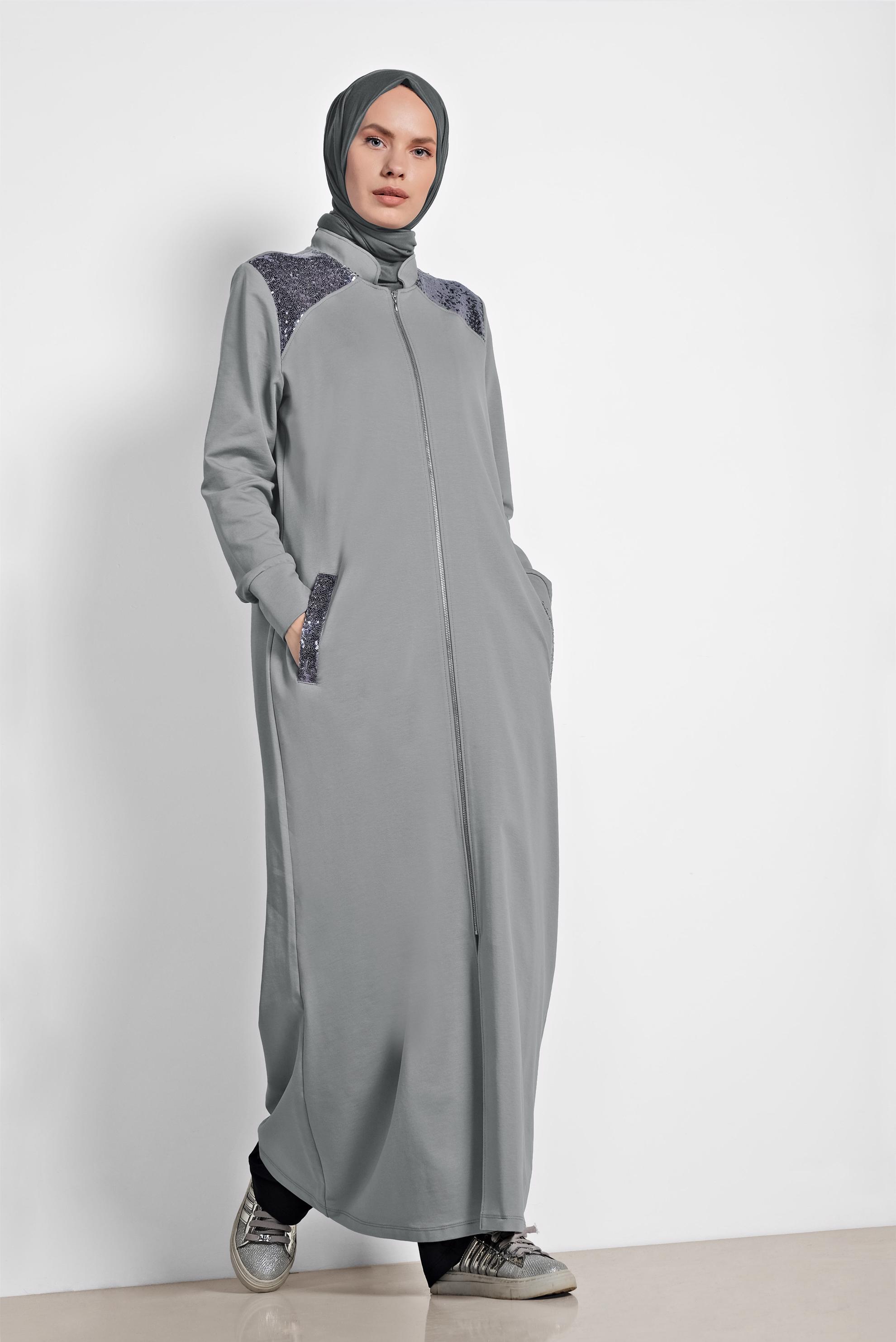 Tesettür giyim GRİ PUL PAYET DETAYLI PAMUKLU EŞOFMAN TUNİK 4203