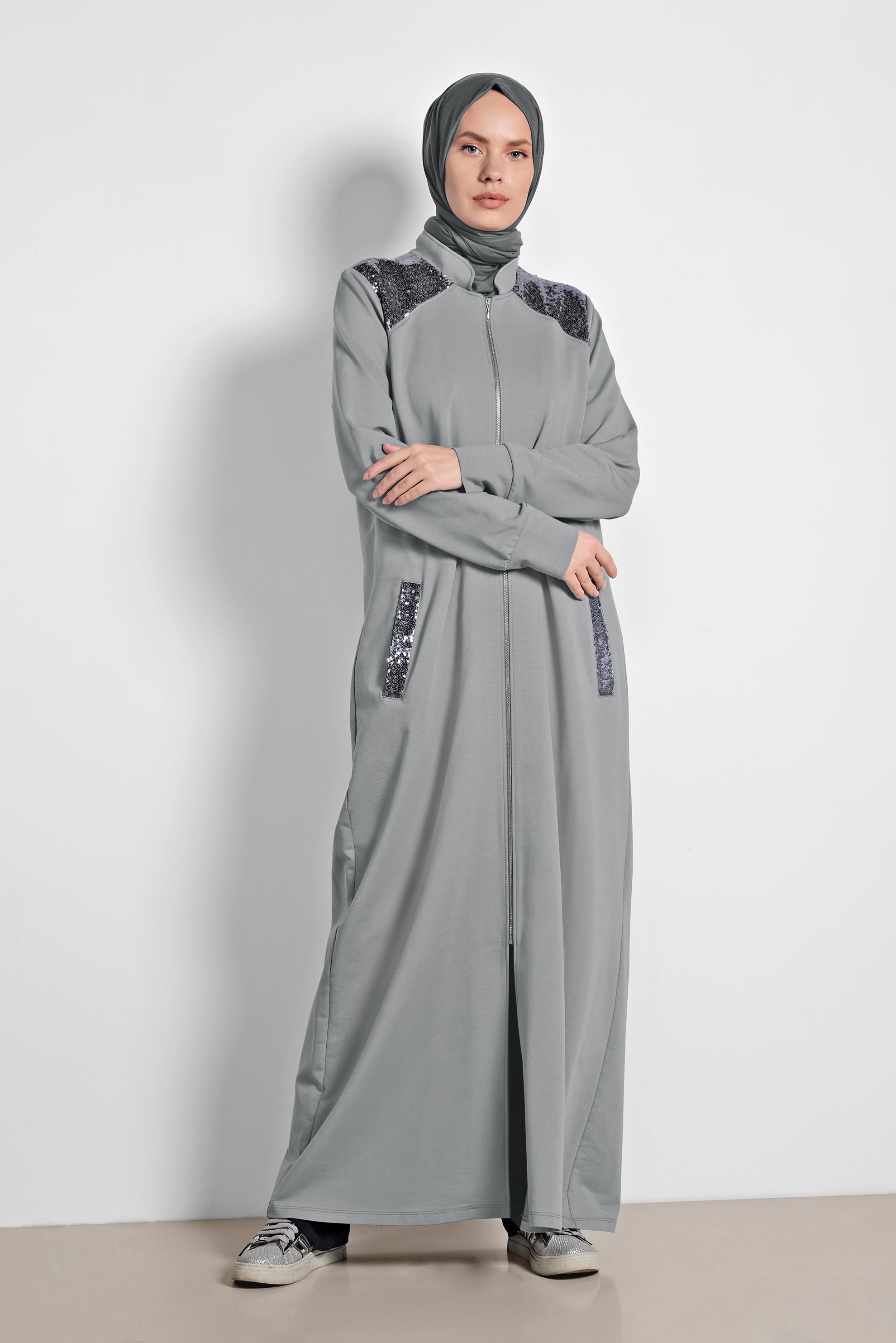 Tesettür giyim GRİ PUL PAYET DETAYLI PAMUKLU EŞOFMAN TUNİK 4203