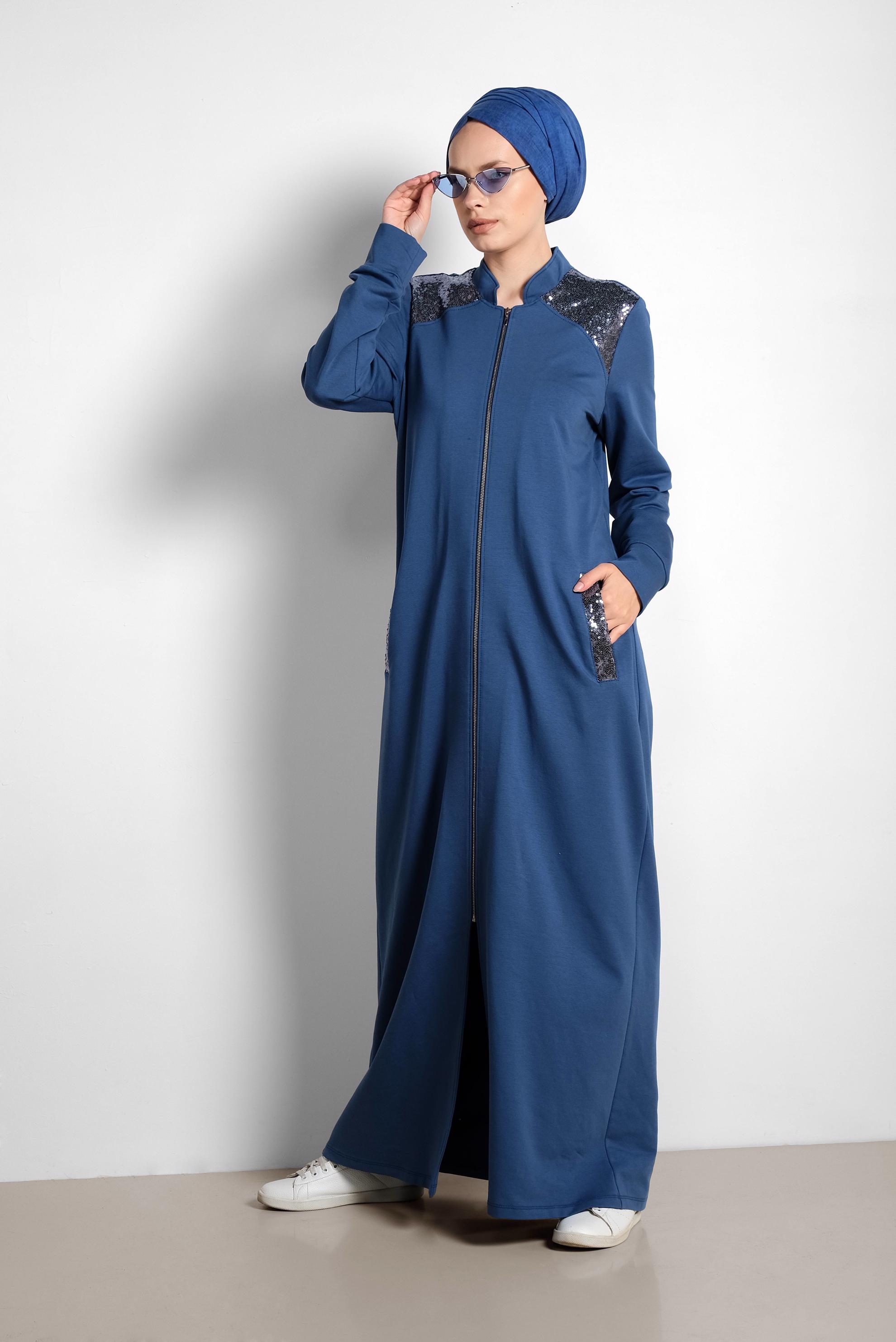 Tesettür giyim LACİVERT PUL PAYET DETAYLI PAMUKLU EŞOFMAN TUNİK 4203