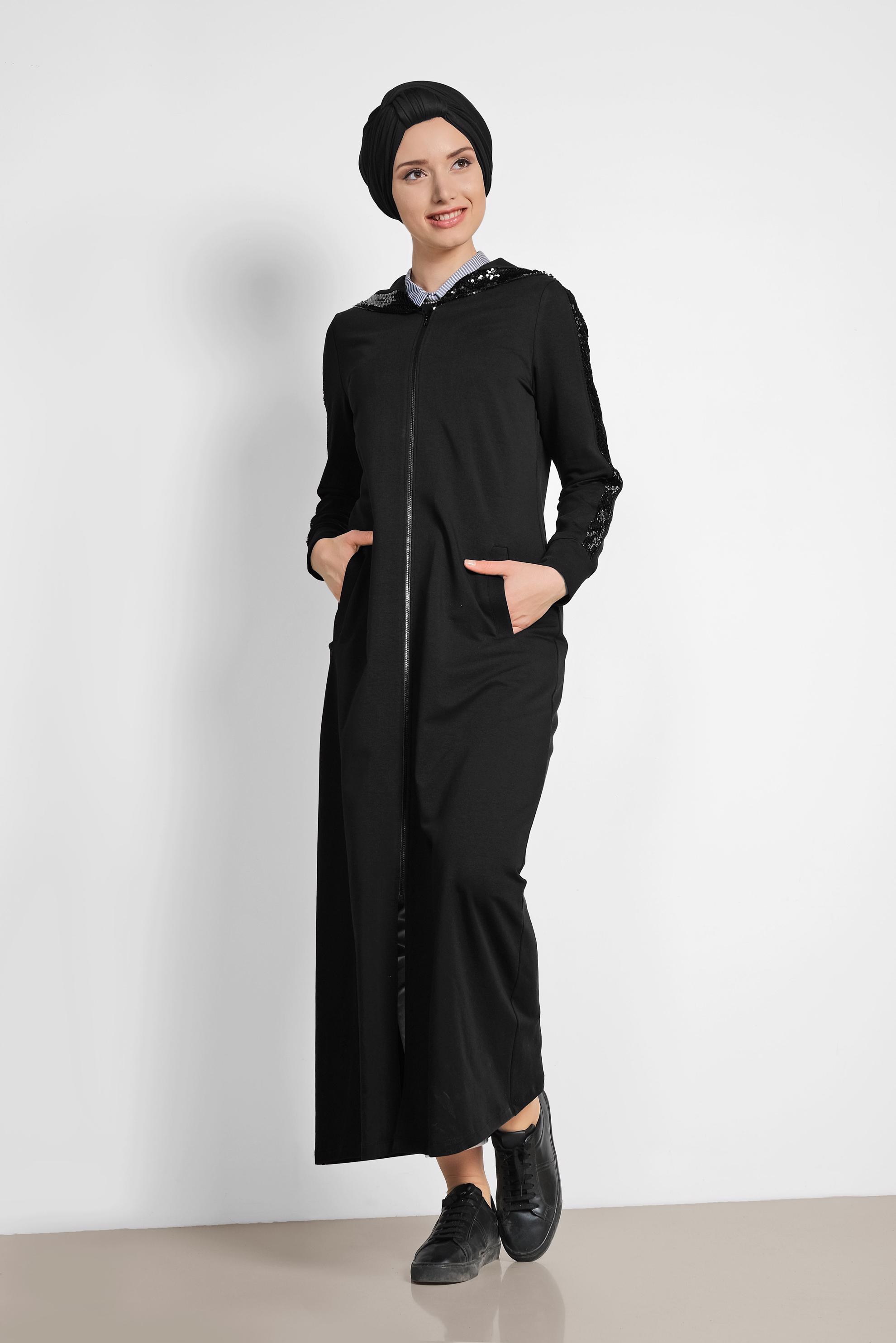 Tesettür giyim SİYAH PUL PAYETLİ KAPÜŞONLU UZUN EŞOFMAN TUNİK 4207