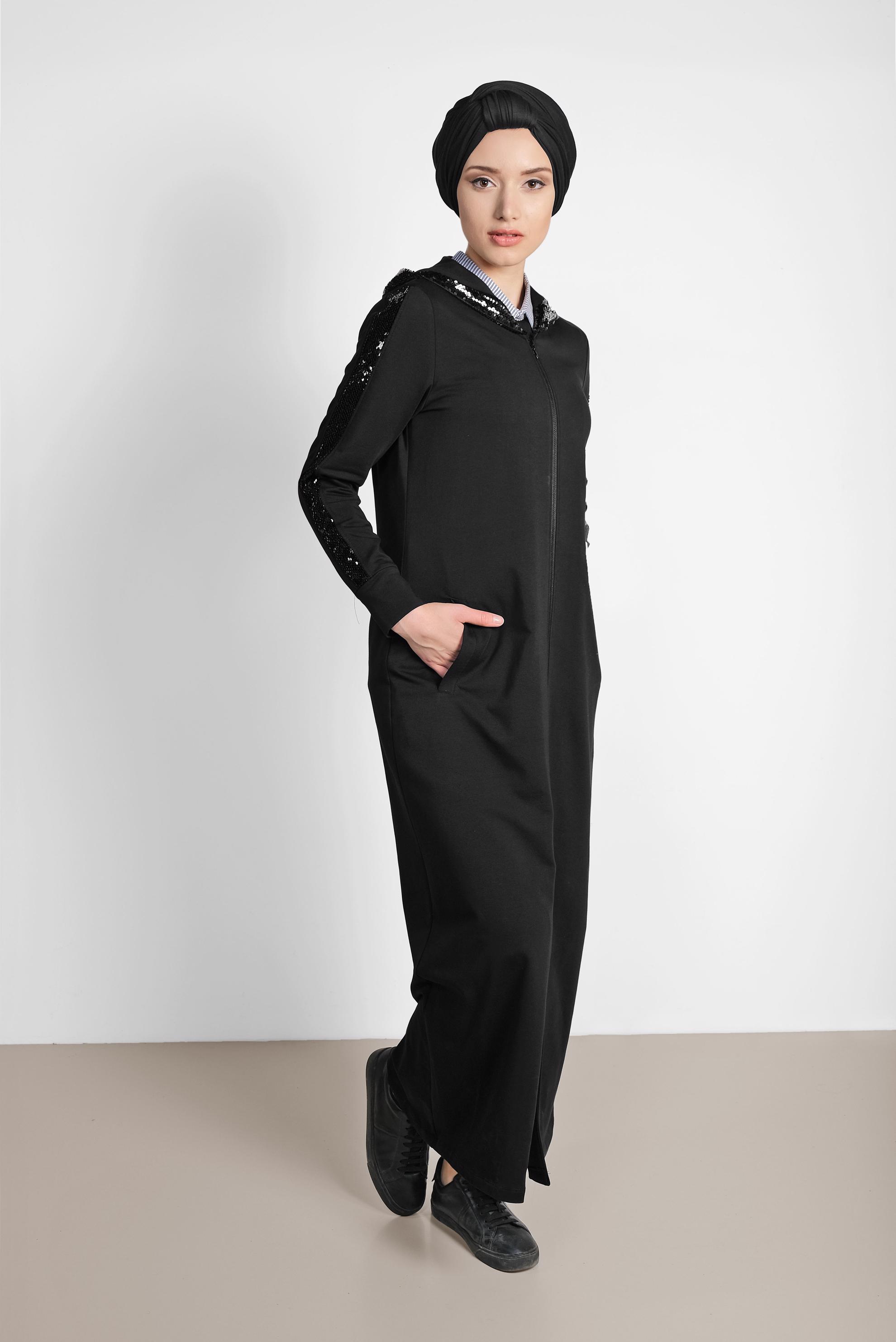 Tesettür giyim SİYAH PUL PAYETLİ KAPÜŞONLU UZUN EŞOFMAN TUNİK 4207