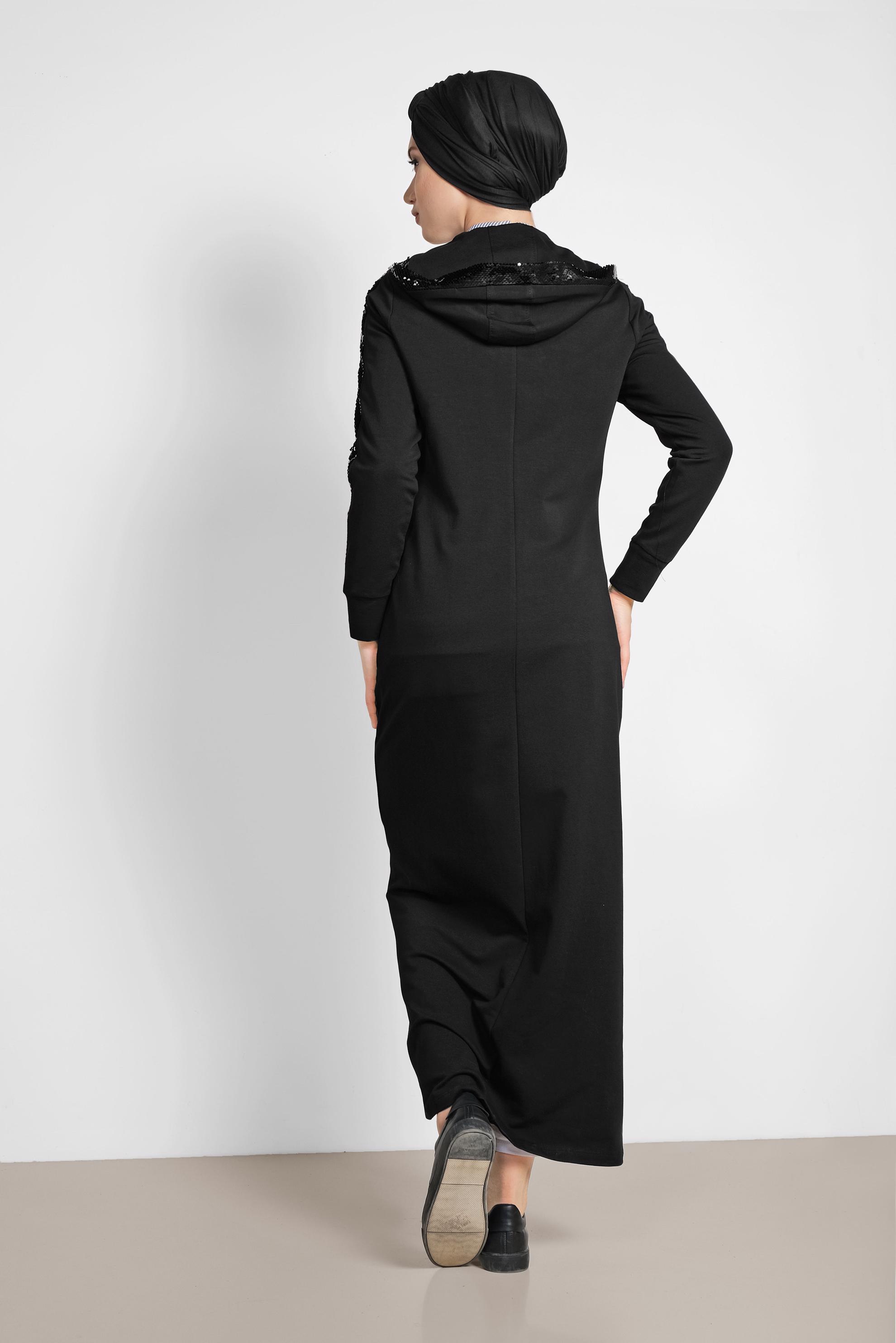 Tesettür giyim SİYAH PUL PAYETLİ KAPÜŞONLU UZUN EŞOFMAN TUNİK 4207