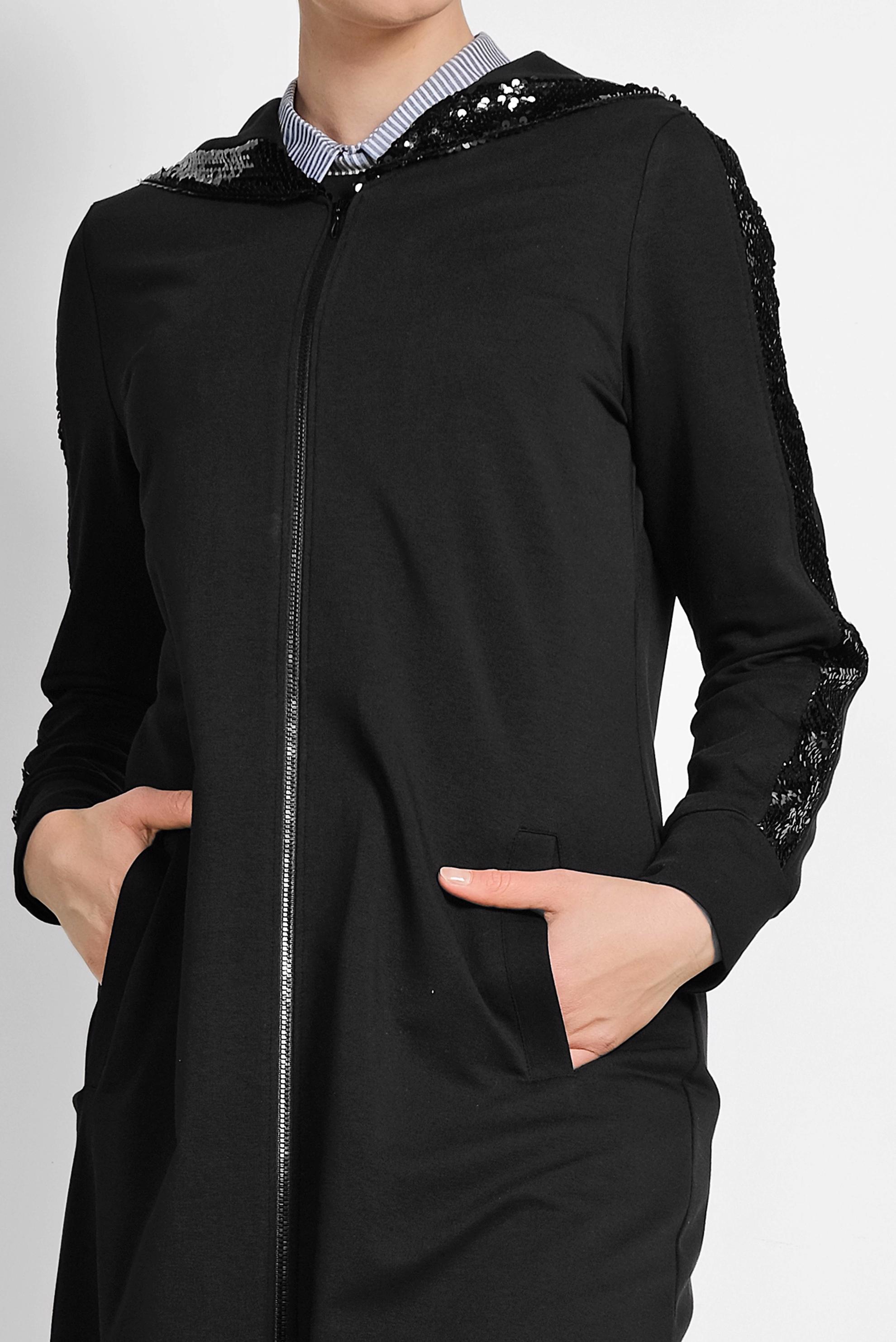 Tesettür giyim SİYAH PUL PAYETLİ KAPÜŞONLU UZUN EŞOFMAN TUNİK 4207