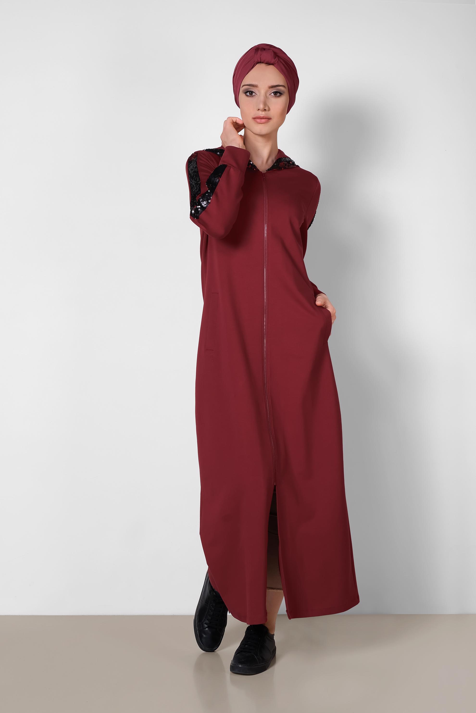 Tesettür giyim BORDO PUL PAYETLİ KAPÜŞONLU UZUN EŞOFMAN TUNİK 4207