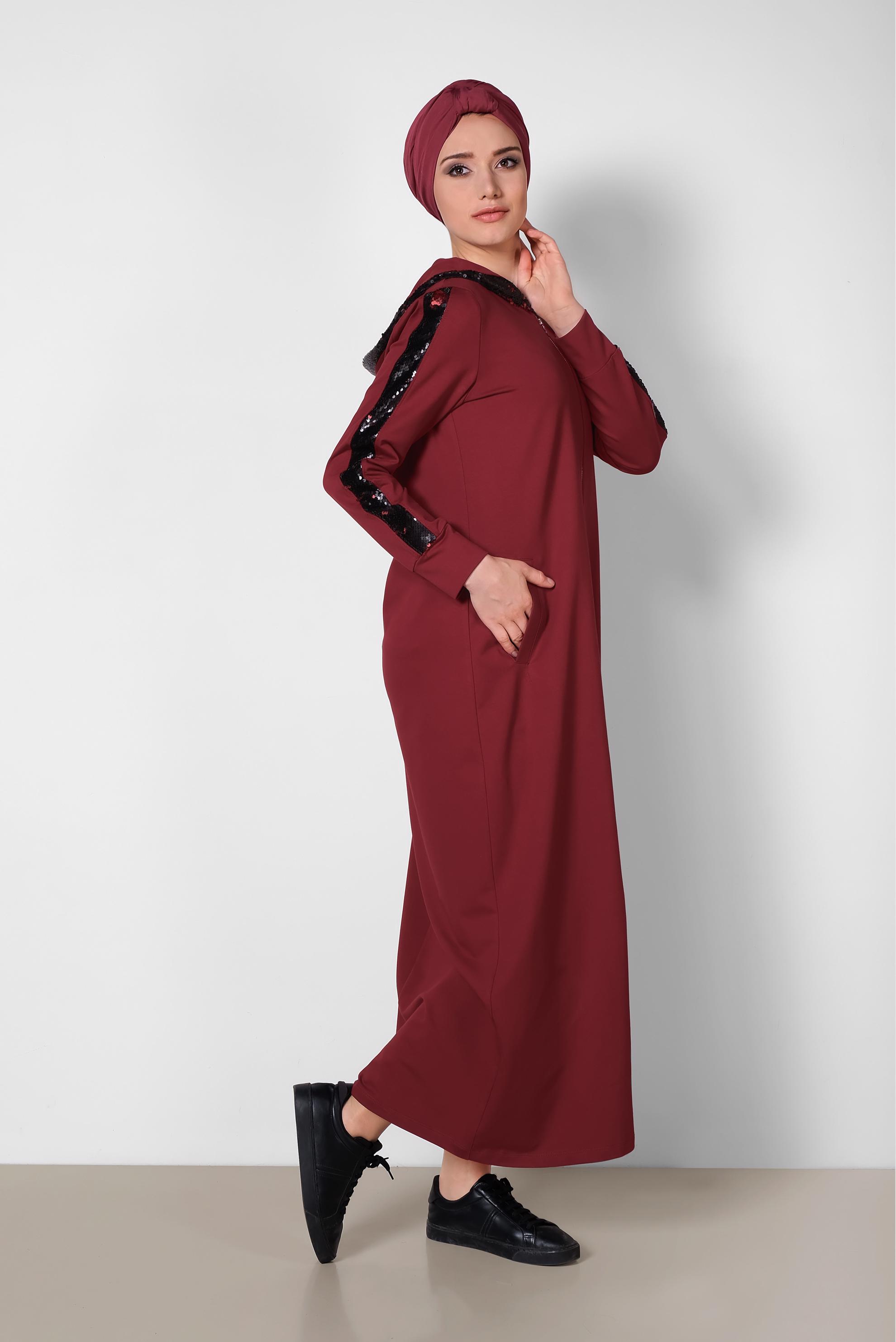 Tesettür giyim BORDO PUL PAYETLİ KAPÜŞONLU UZUN EŞOFMAN TUNİK 4207