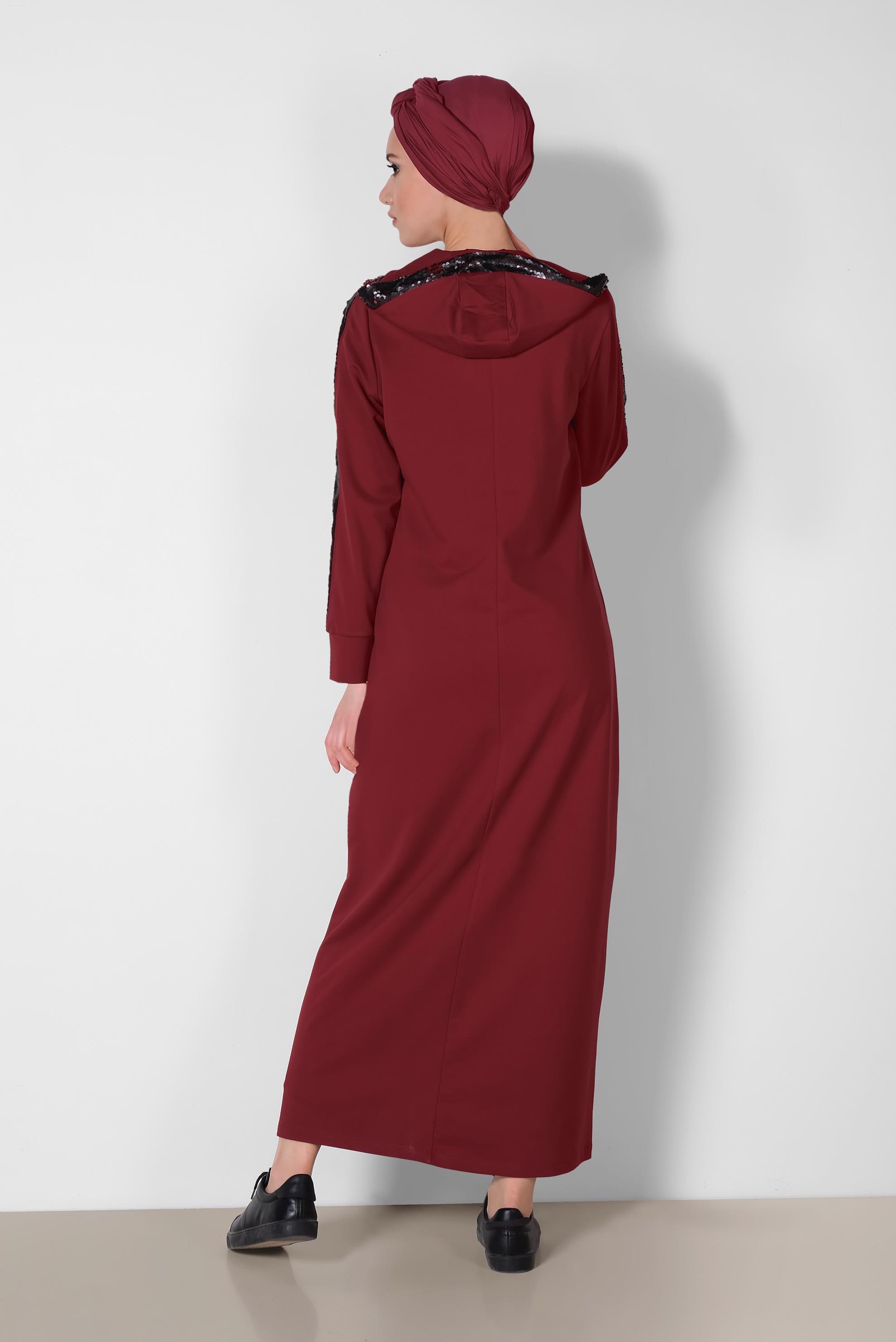 Tesettür giyim BORDO PUL PAYETLİ KAPÜŞONLU UZUN EŞOFMAN TUNİK 4207