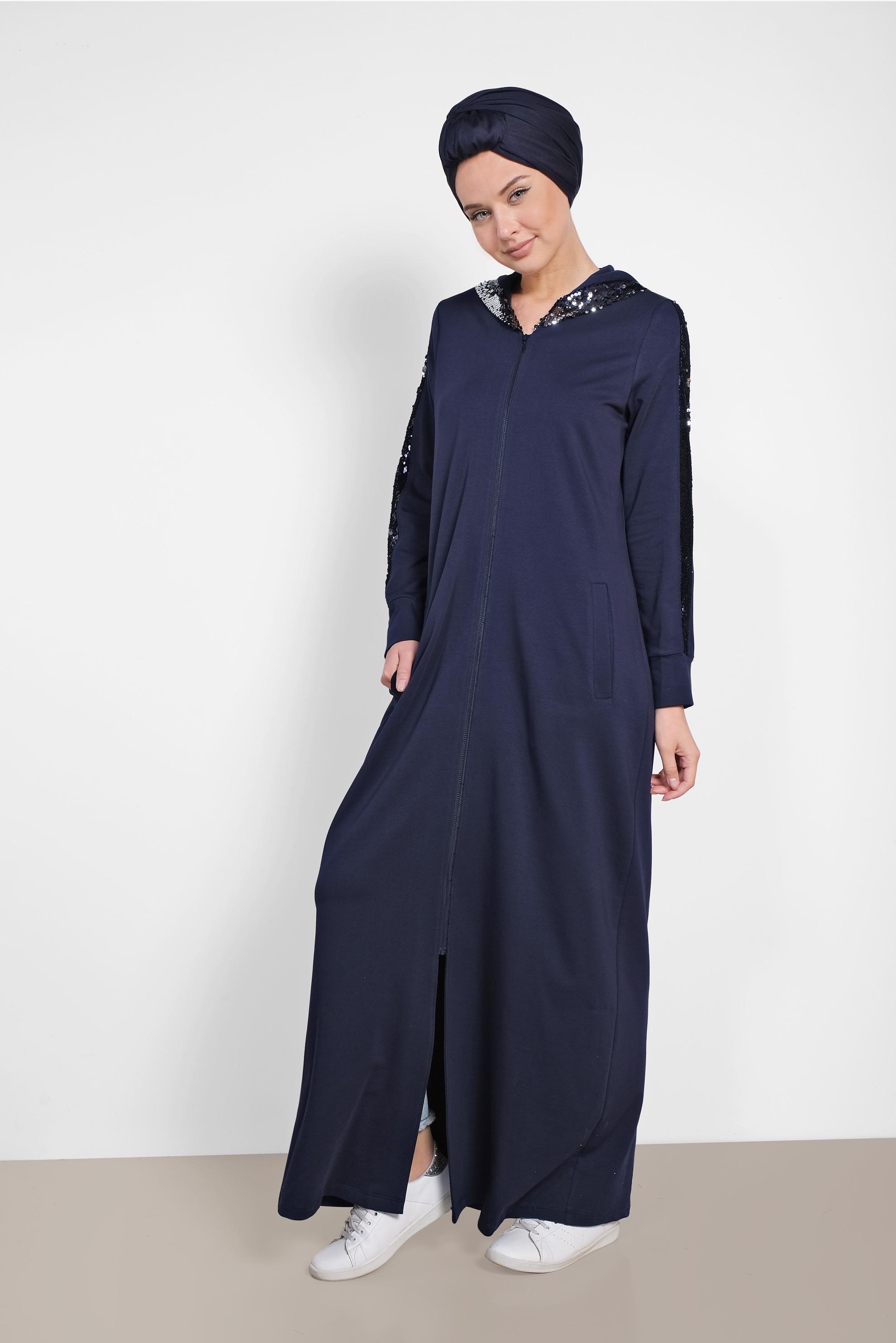 Tesettür giyim LACİVERT PUL PAYETLİ KAPÜŞONLU UZUN EŞOFMAN TUNİK 4207