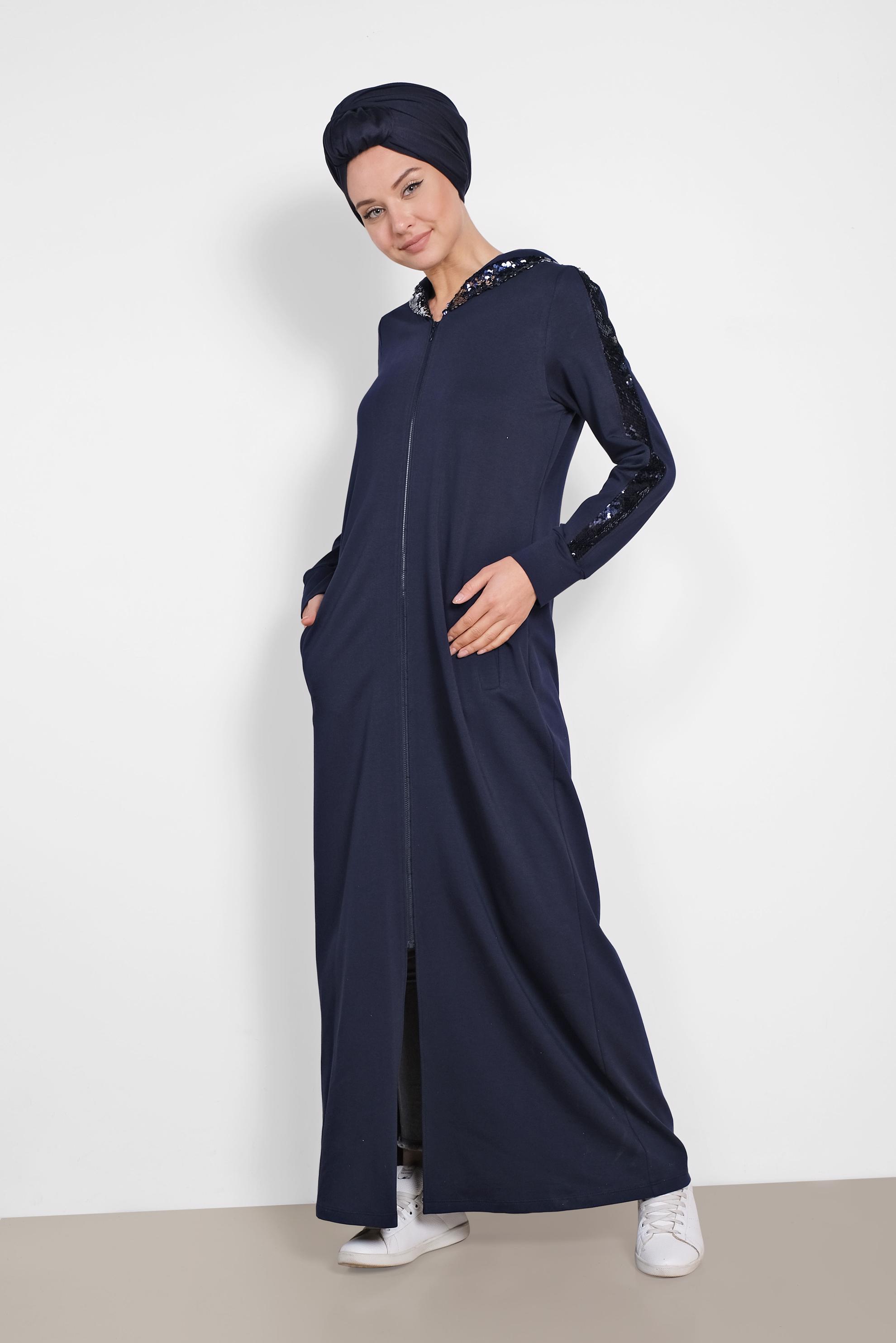 Tesettür giyim LACİVERT PUL PAYETLİ KAPÜŞONLU UZUN EŞOFMAN TUNİK 4207