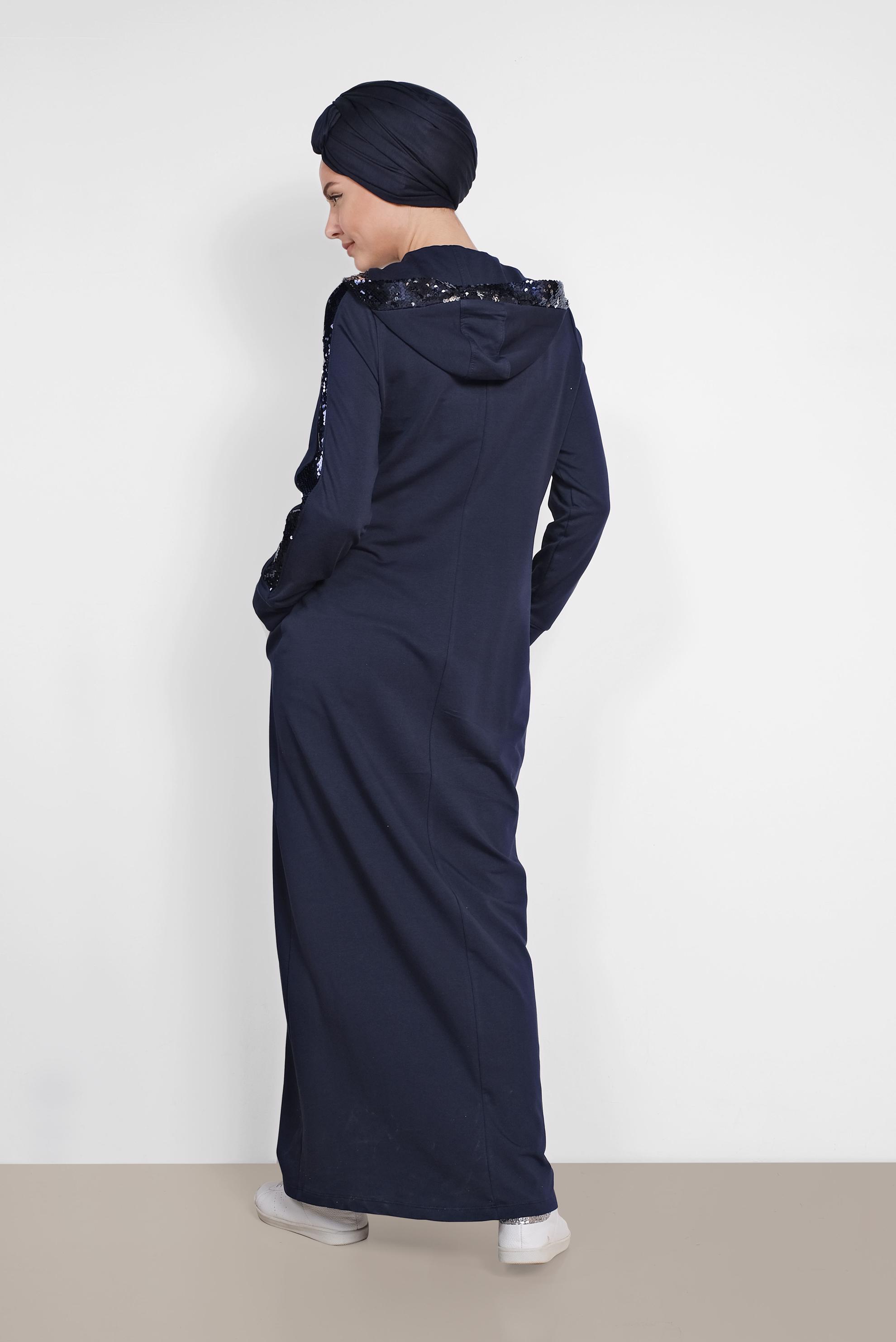 Tesettür giyim LACİVERT PUL PAYETLİ KAPÜŞONLU UZUN EŞOFMAN TUNİK 4207