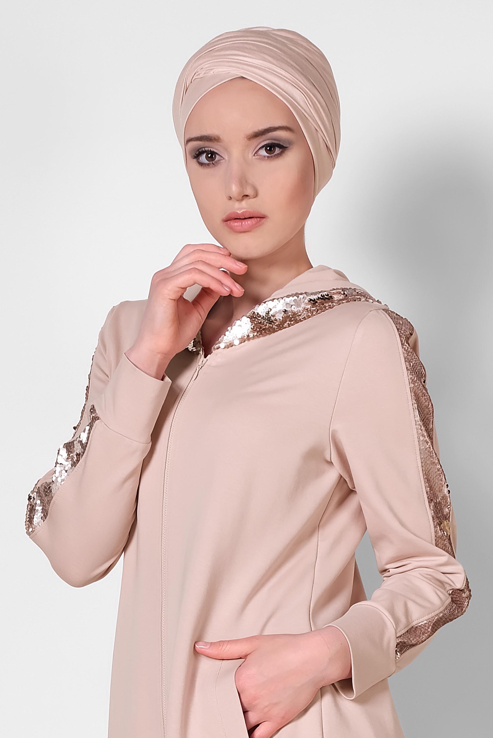 Tesettür giyim PUDRA PUL PAYETLİ KAPÜŞONLU UZUN EŞOFMAN TUNİK 4207