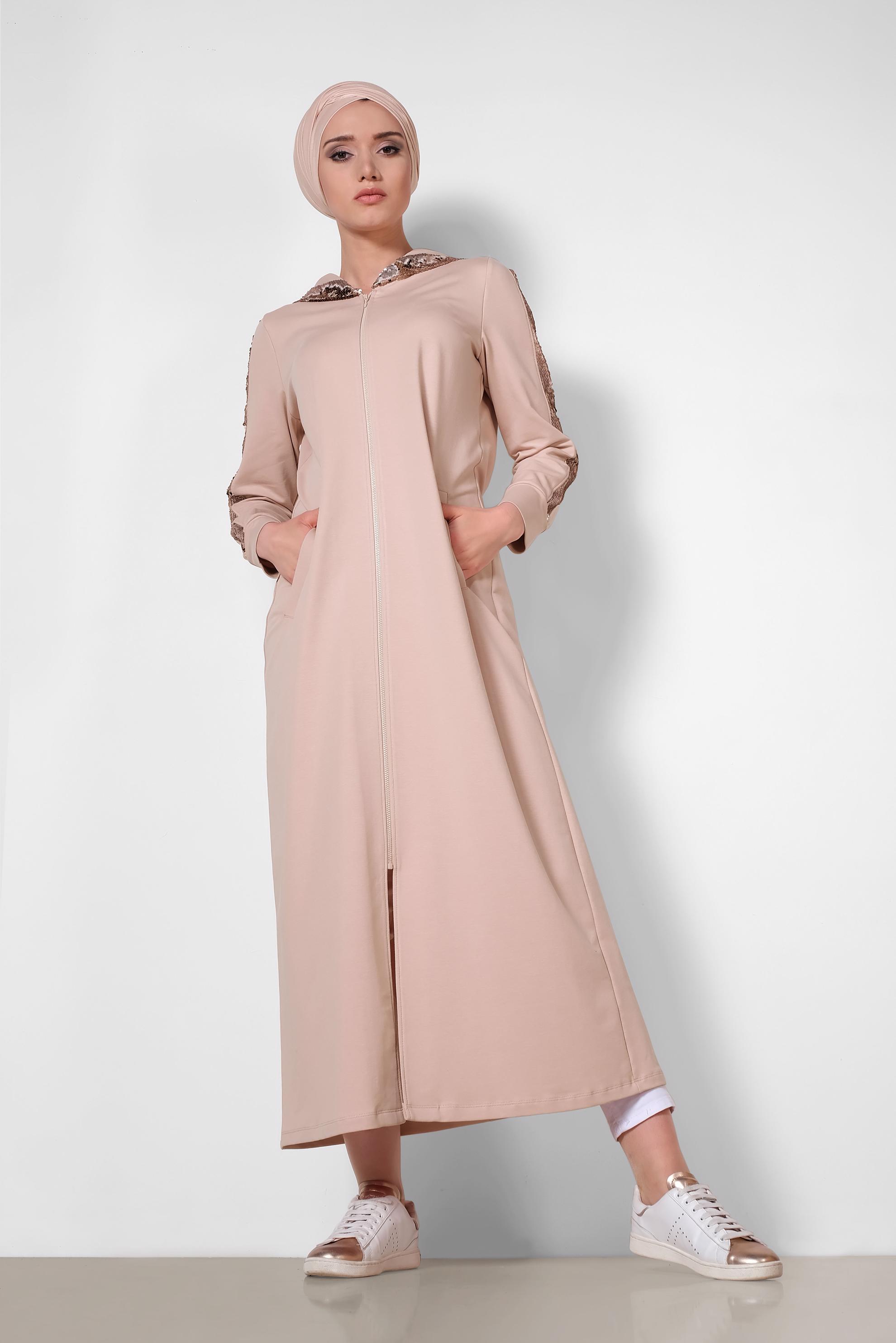 Tesettür giyim PUDRA PUL PAYETLİ KAPÜŞONLU UZUN EŞOFMAN TUNİK 4207