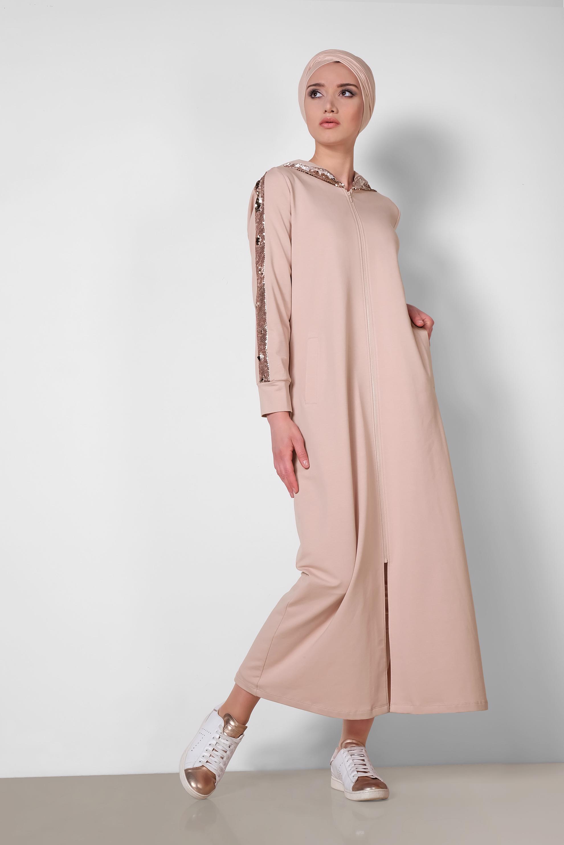 Tesettür giyim PUDRA PUL PAYETLİ KAPÜŞONLU UZUN EŞOFMAN TUNİK 4207