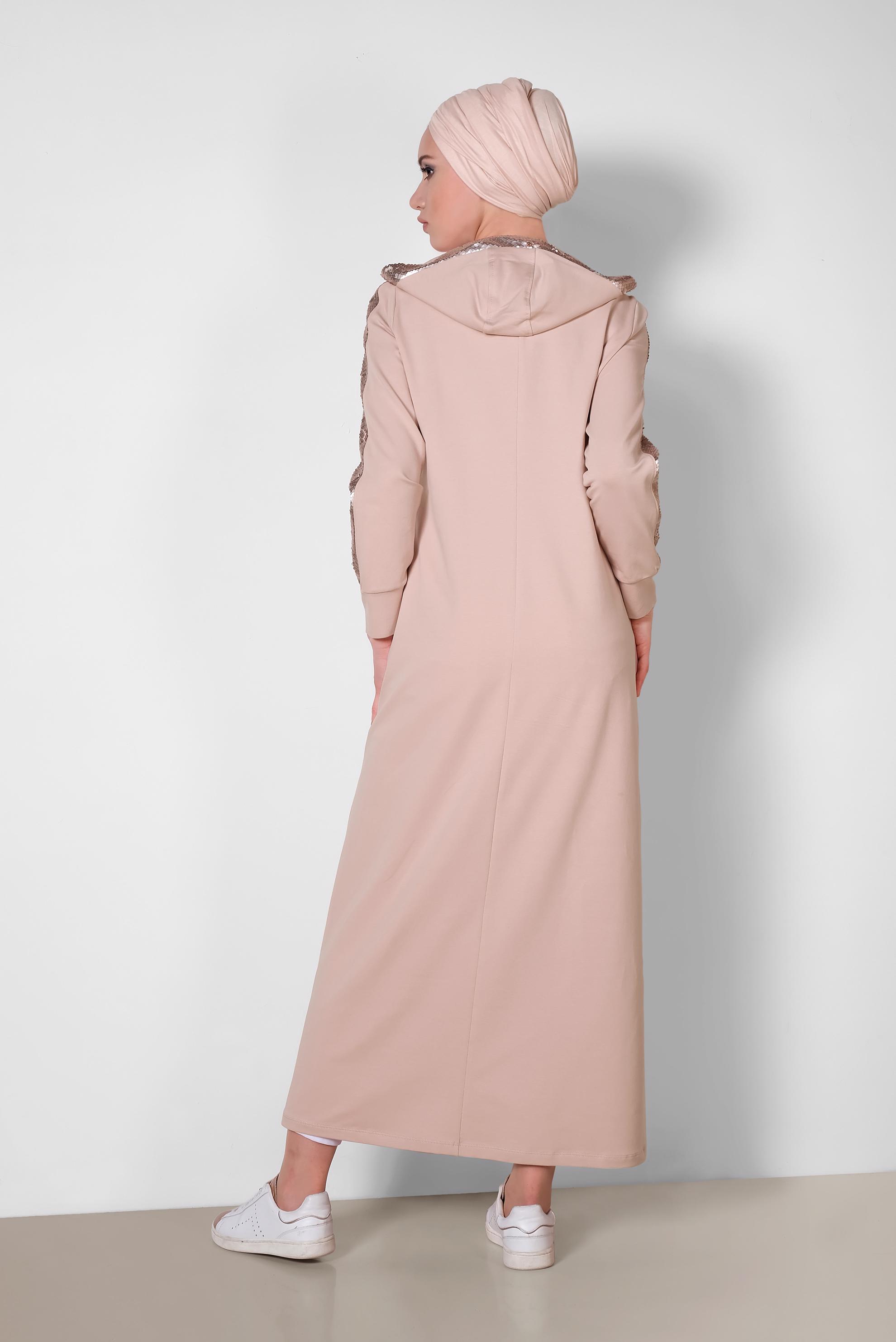 Tesettür giyim PUDRA PUL PAYETLİ KAPÜŞONLU UZUN EŞOFMAN TUNİK 4207