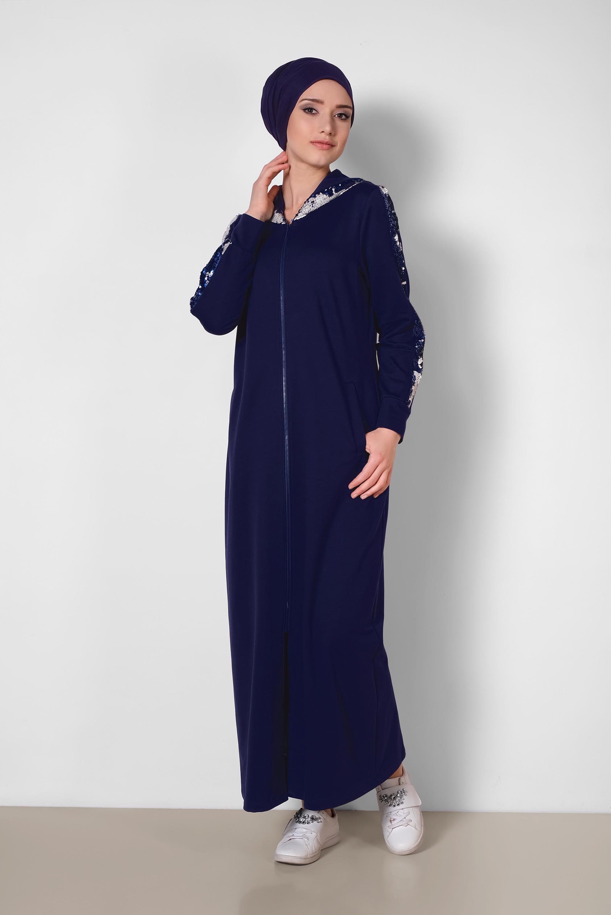 Tesettür giyim LACİVERT PUL PAYETLİ KAPÜŞONLU UZUN EŞOFMAN TUNİK 4207
