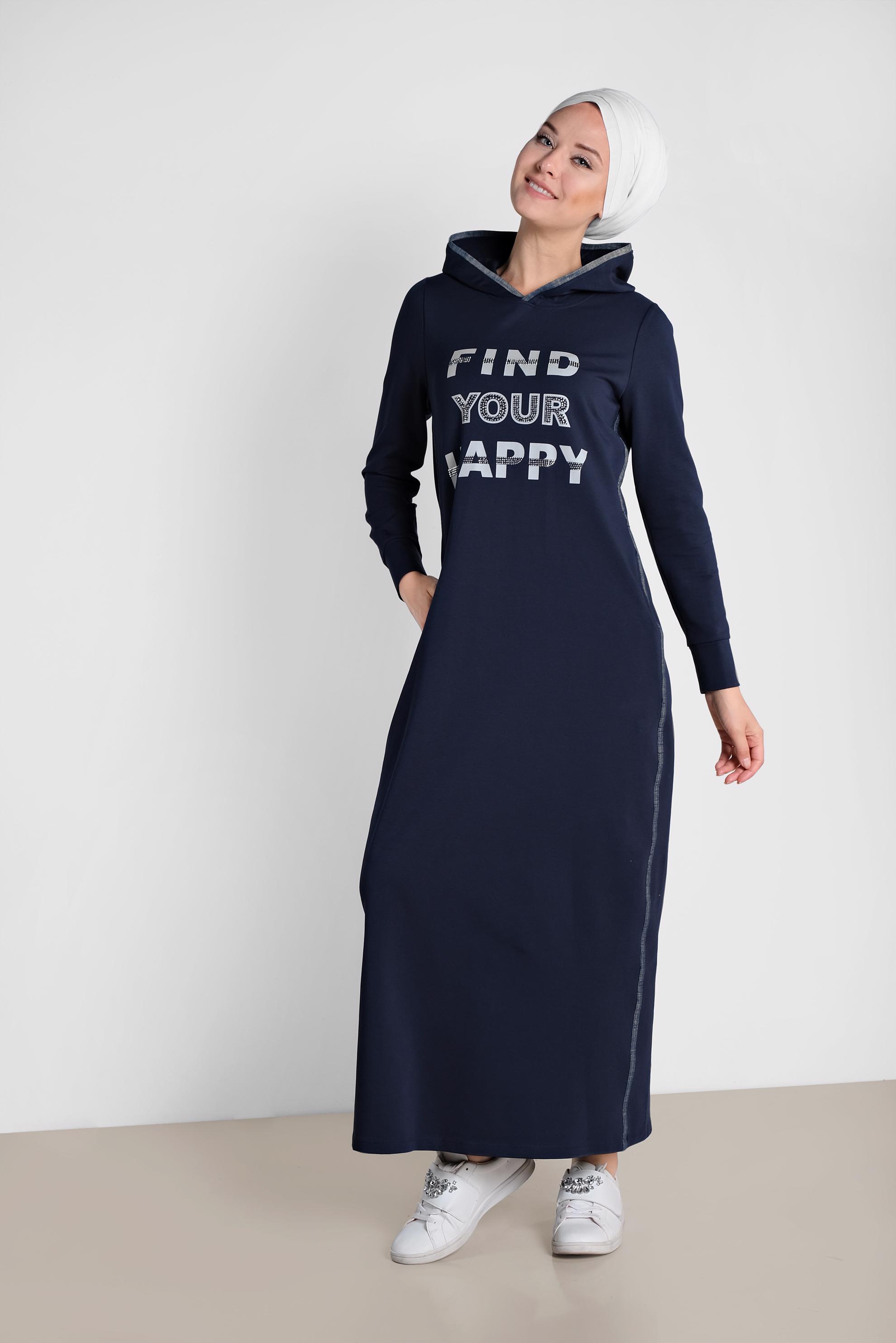 Tesettür giyim LACİVERT TAŞ VE YAZI DETAYLI EŞOFMAN ELBİSE 4228