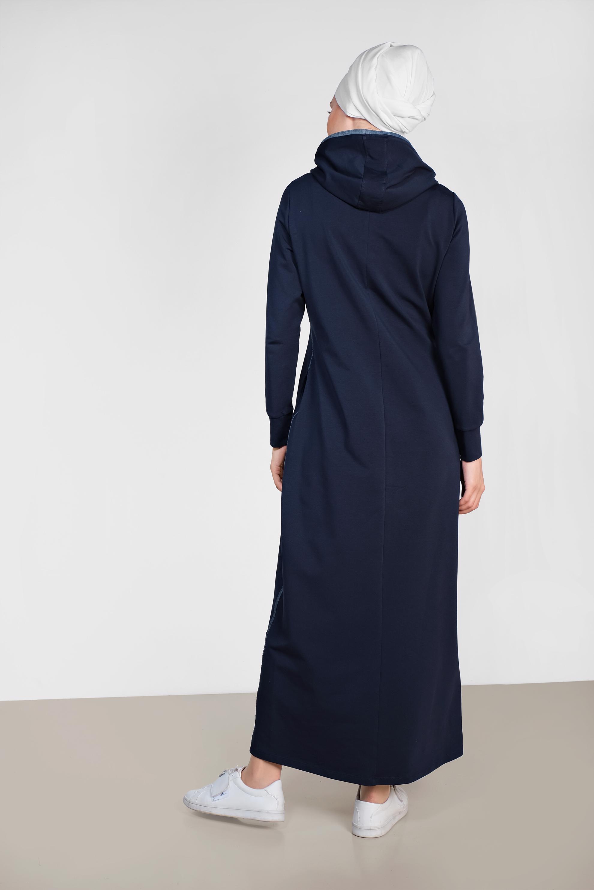 Tesettür giyim LACİVERT TAŞ VE YAZI DETAYLI EŞOFMAN ELBİSE 4228