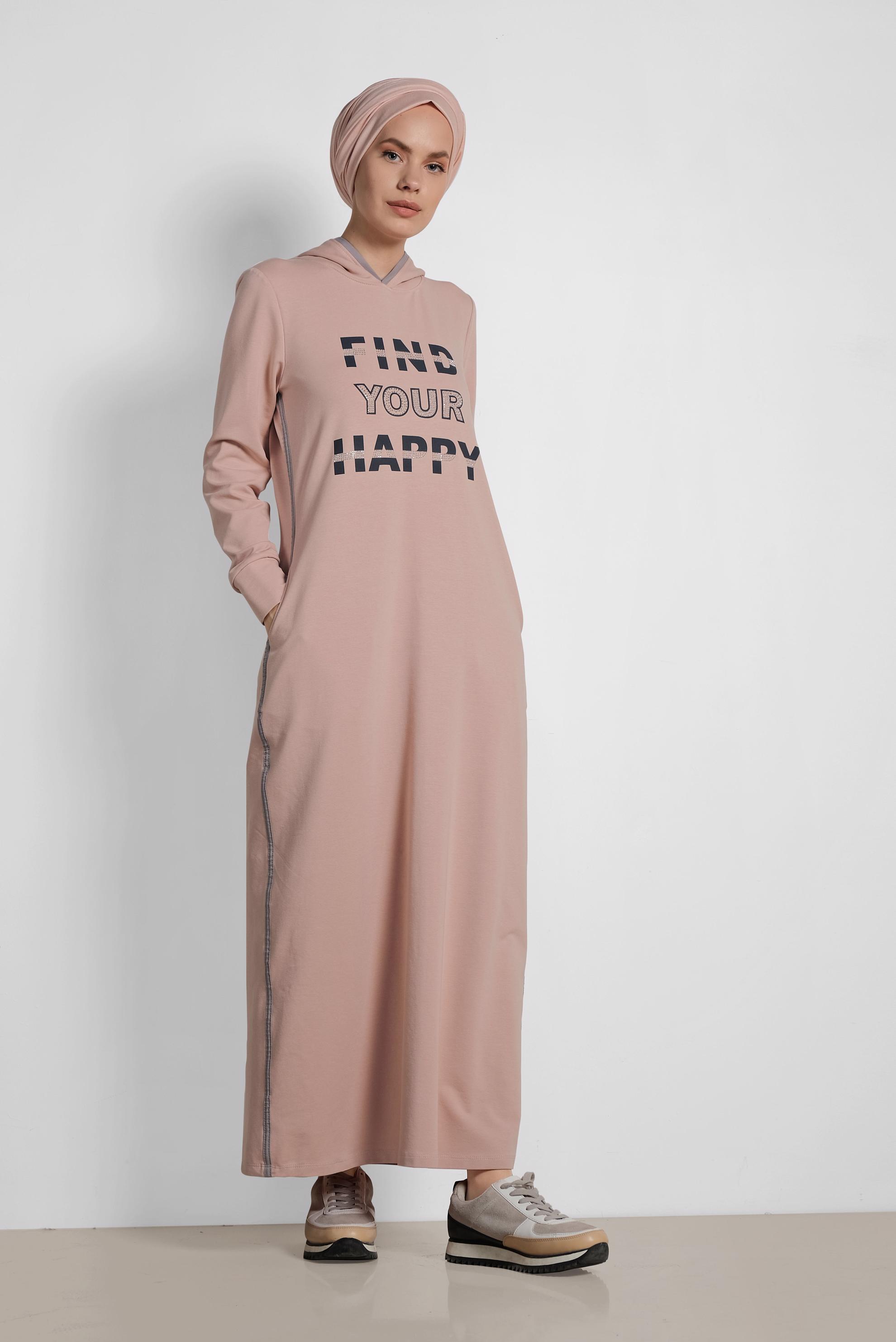 Tesettür giyim PUDRA TAŞ VE YAZI DETAYLI EŞOFMAN ELBİSE 4228