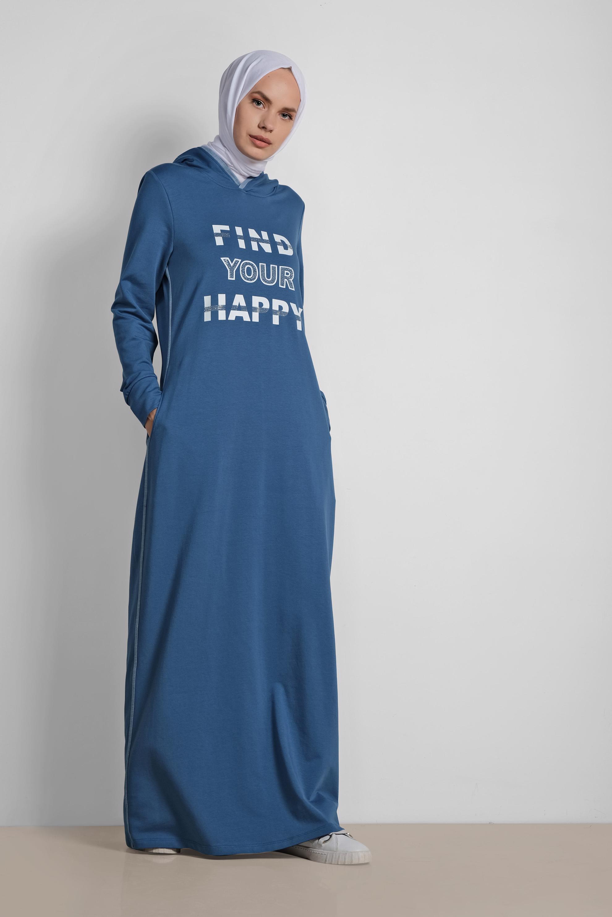 Tesettür giyim LACİVERT TAŞ VE YAZI DETAYLI EŞOFMAN ELBİSE 4228