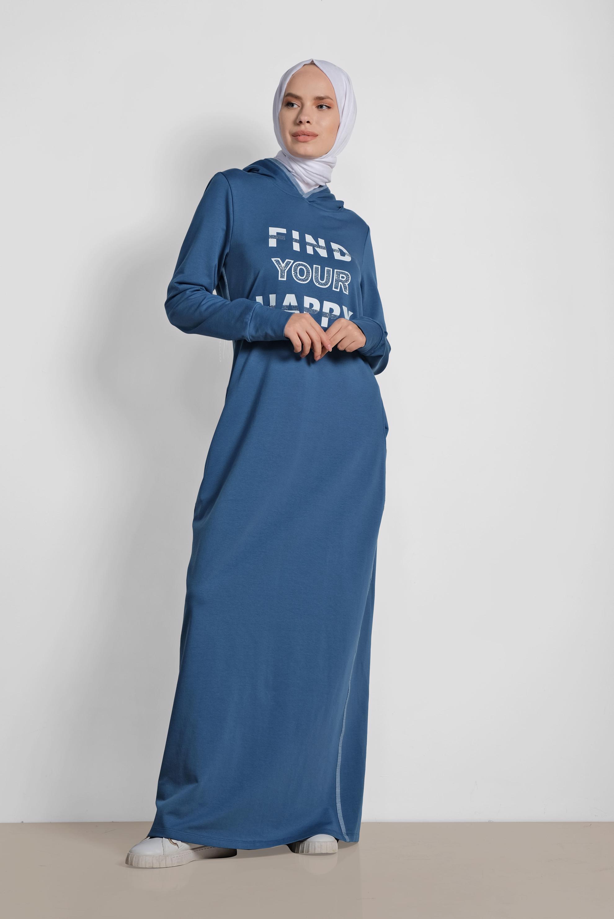 Tesettür giyim LACİVERT TAŞ VE YAZI DETAYLI EŞOFMAN ELBİSE 4228