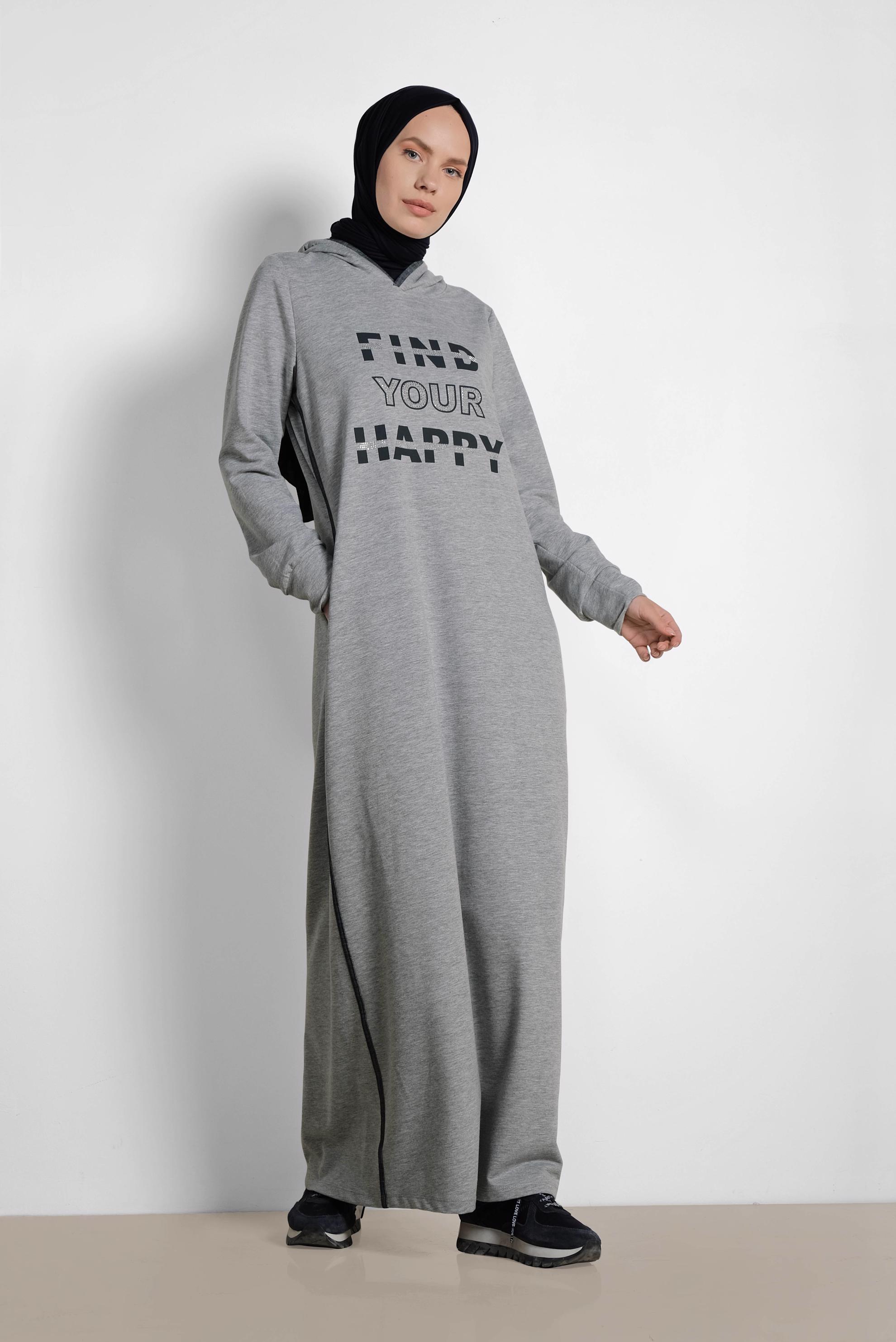 Tesettür giyim GRİ TAŞ VE YAZI DETAYLI EŞOFMAN ELBİSE 4228