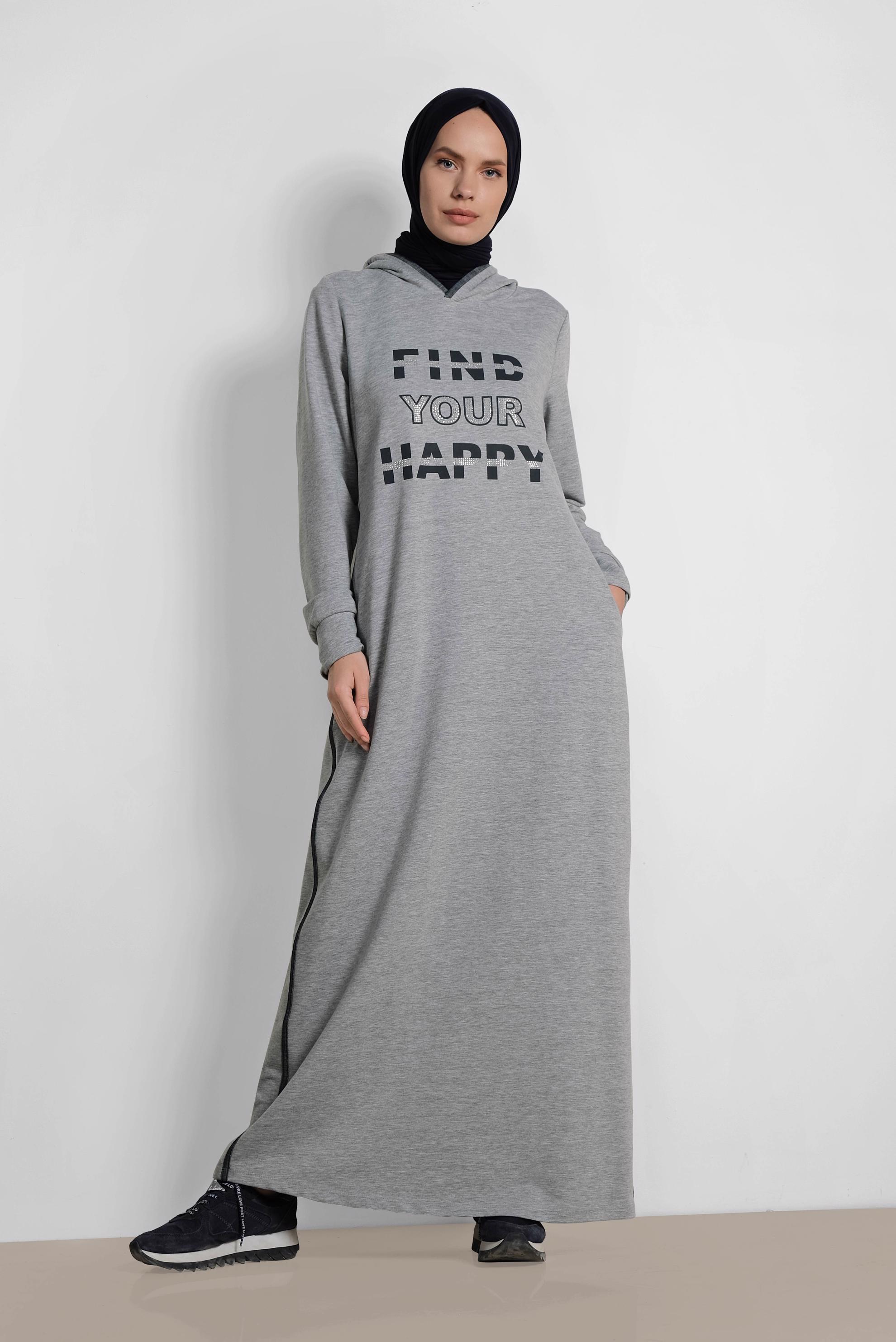 Tesettür giyim GRİ TAŞ VE YAZI DETAYLI EŞOFMAN ELBİSE 4228