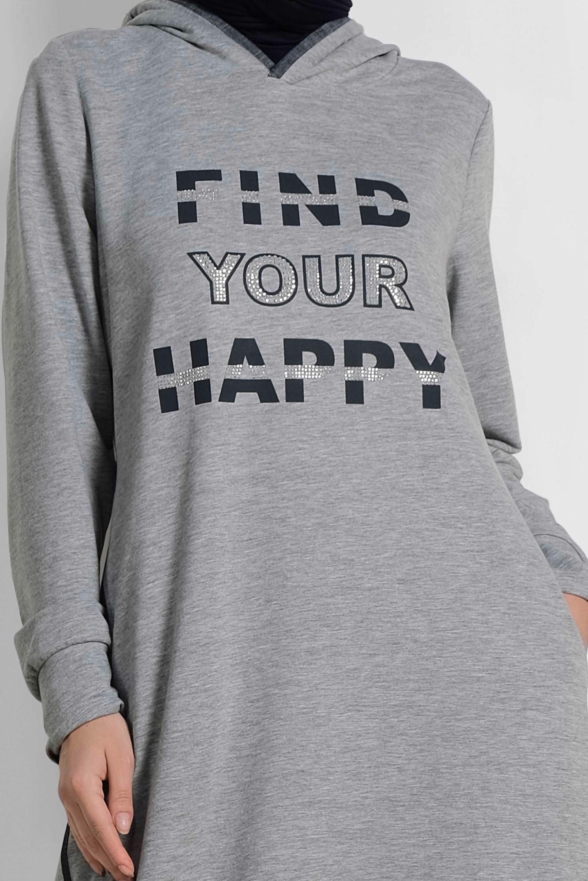 Tesettür giyim GRİ TAŞ VE YAZI DETAYLI EŞOFMAN ELBİSE 4228