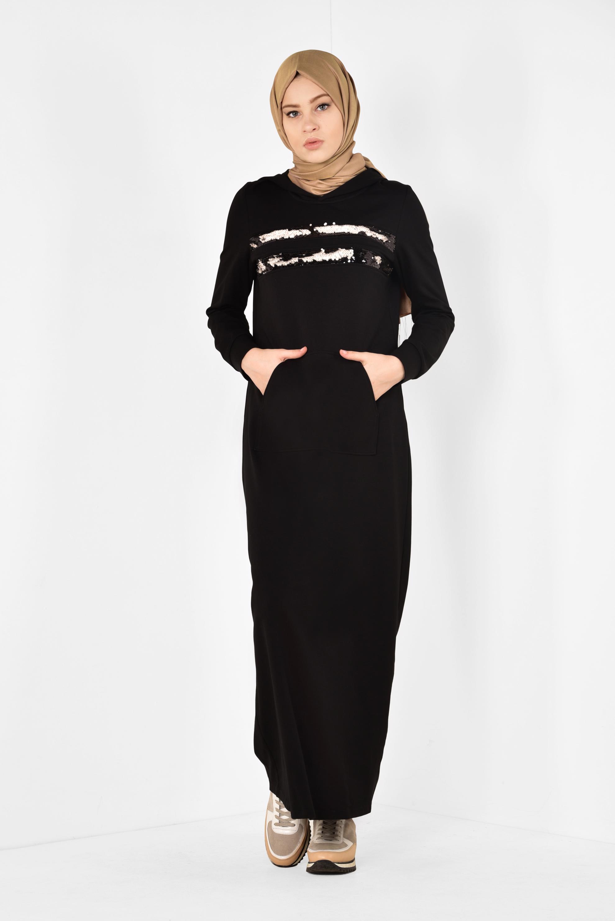 Tesettür giyim SİYAH CEPLİ EŞOFMAN ELBİSE 4235 